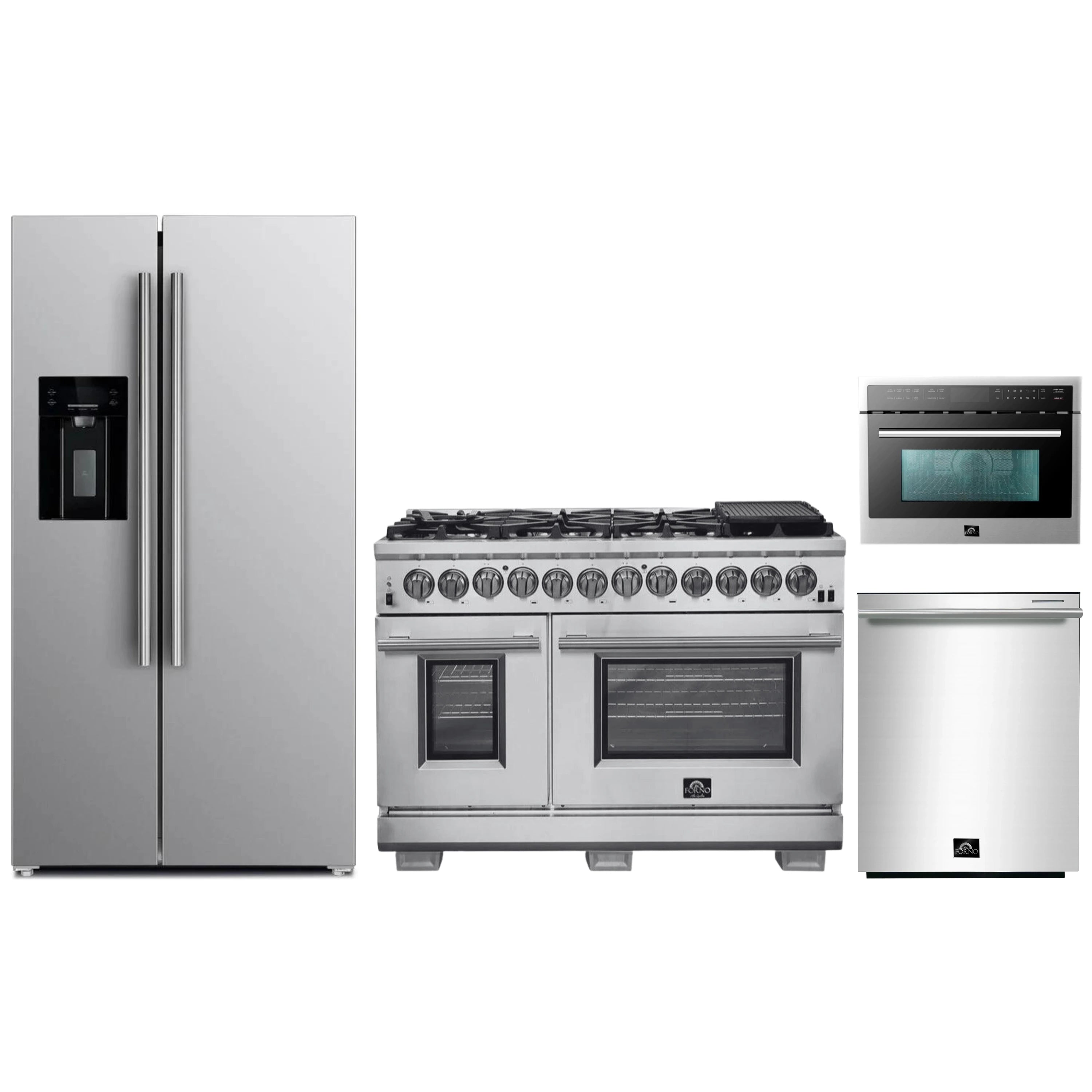 Stainless steel appliance set with range, microwave, and refrigerator doors