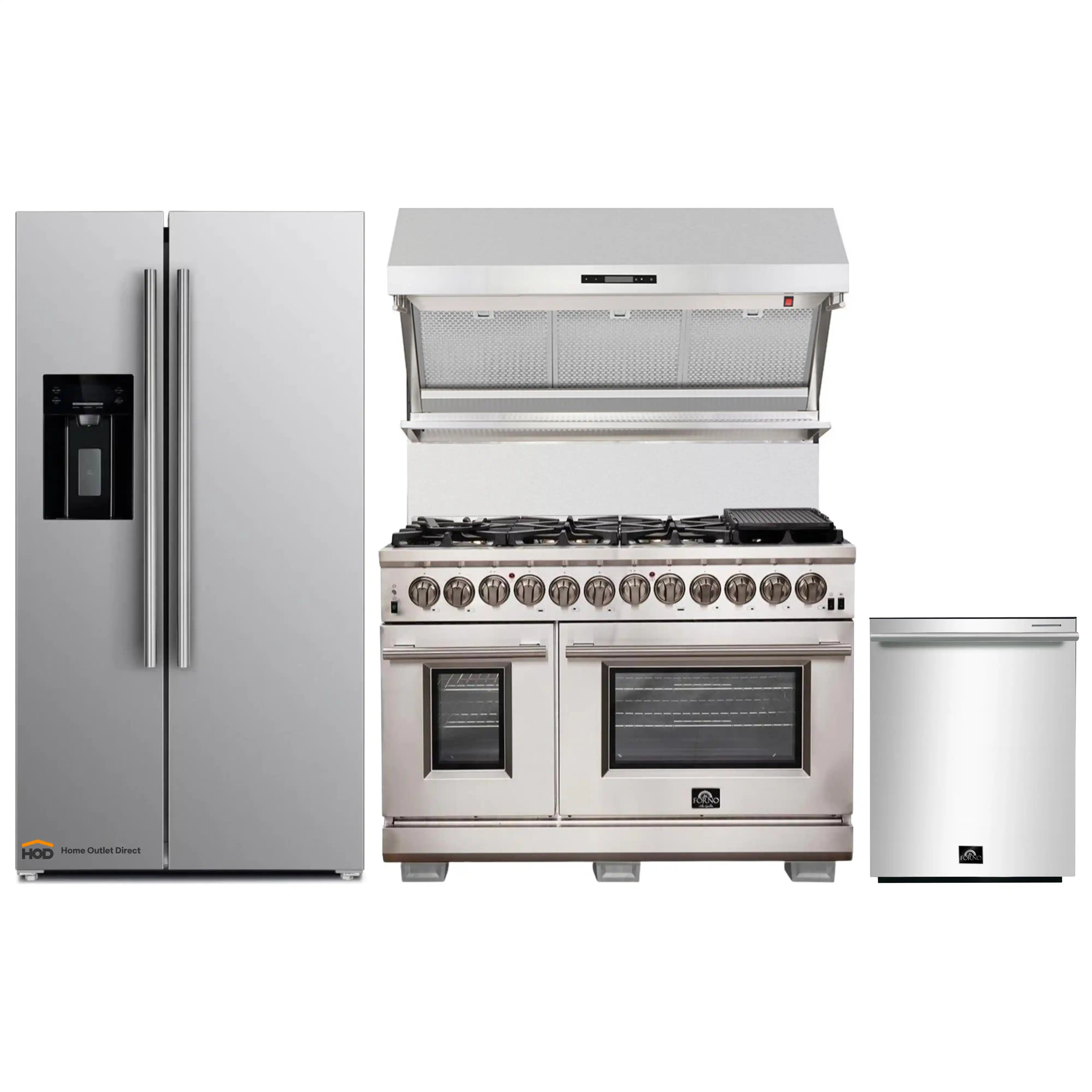 Stainless appliance package with range, wall hood, refrigerator, and dishwasher