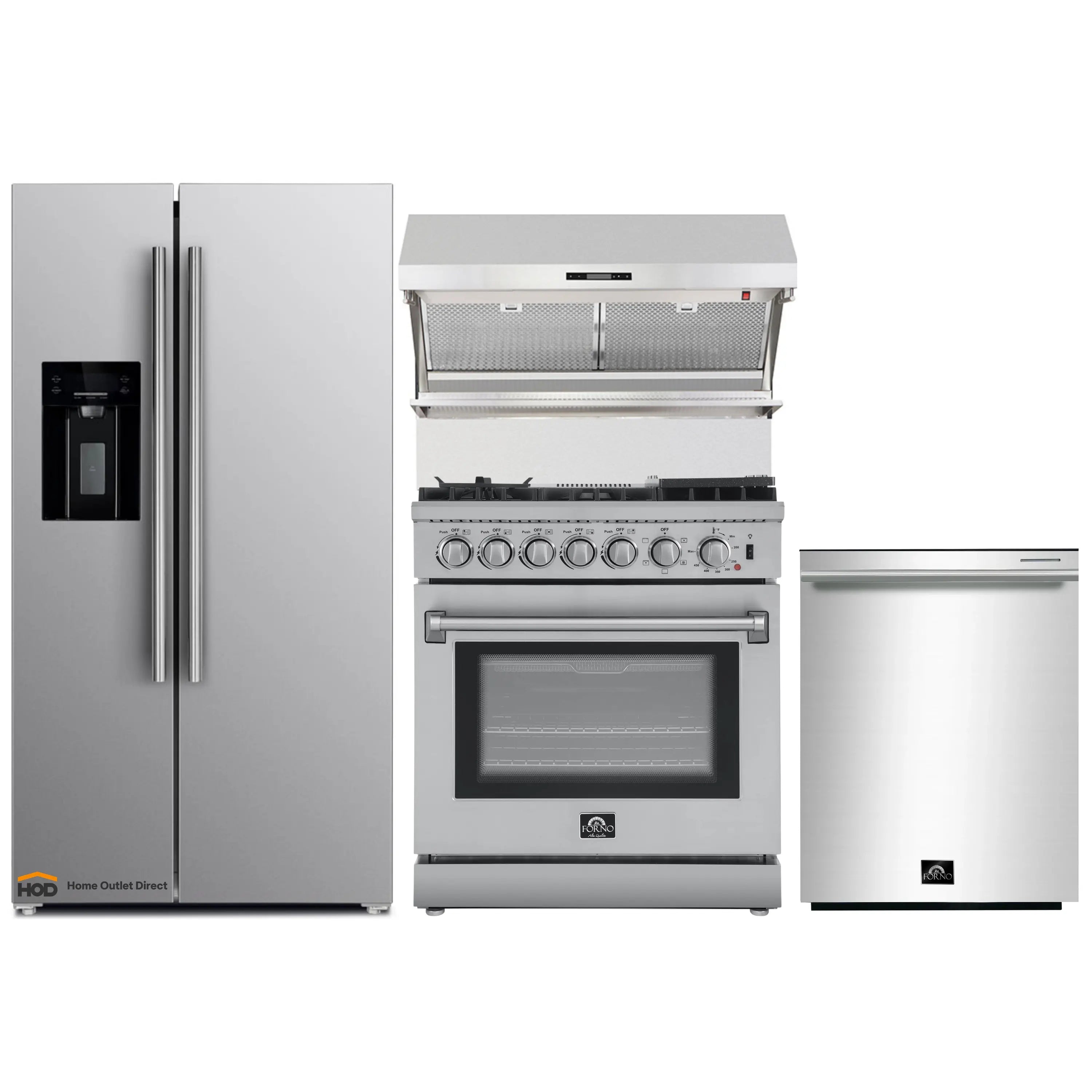Kitchen appliance set: stainless refrigerator, range, wall hood, and dishwasher front views