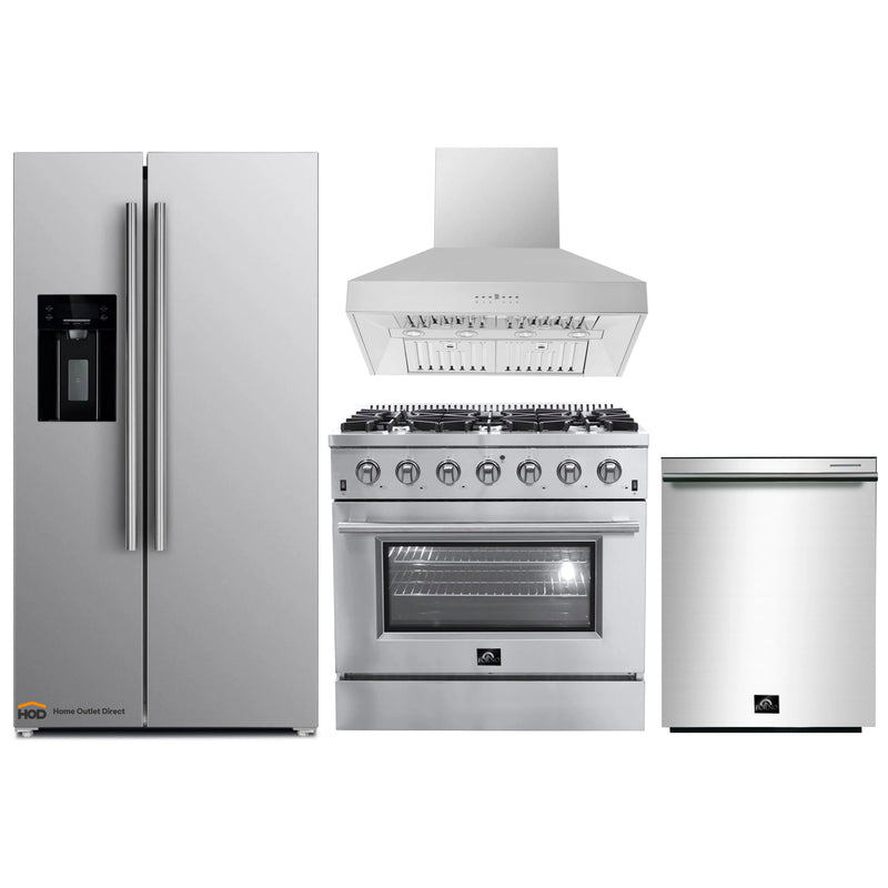 Forno 4-Piece Appliance Package - 36-Inch Gas Range, Refrigerator with Water Dispenser, Wall Mount Hood, & 3-Rack Dishwasher in Stainless Steel