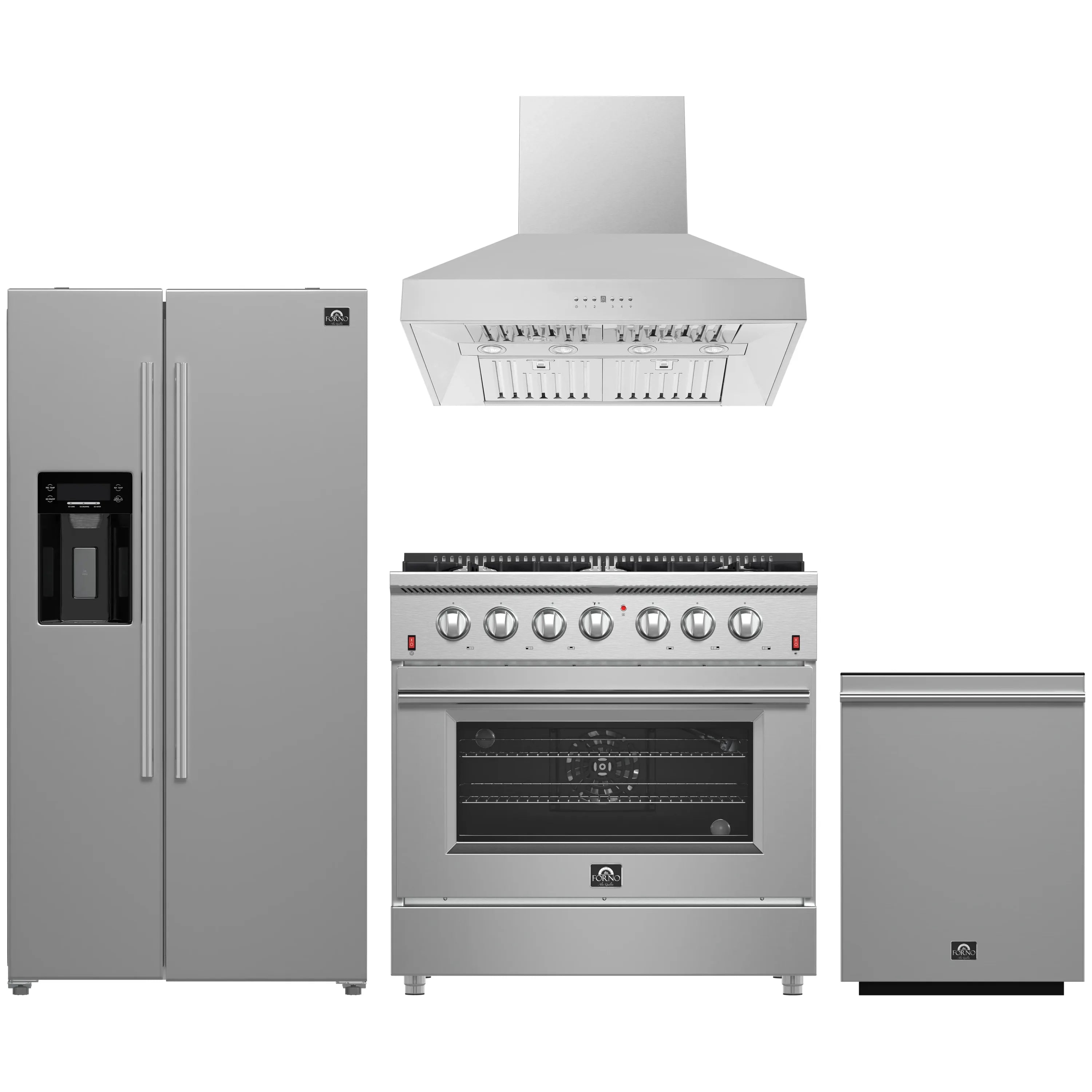 Forno 4-Piece Appliance Package - 36-Inch Gas Range, Refrigerator with Water Dispenser, Wall Mount Hood, & 3-Rack Dishwasher in Stainless Steel