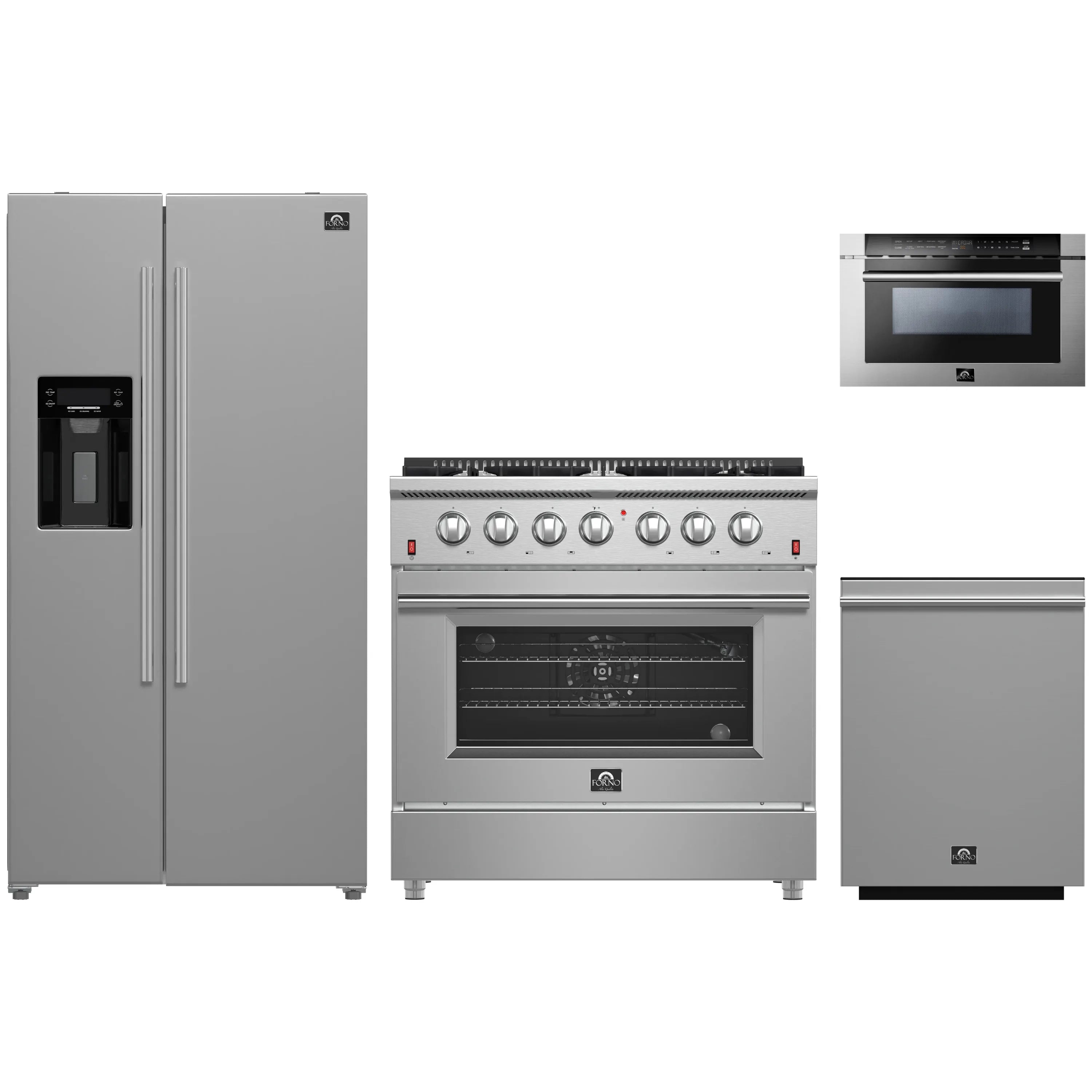 Stainless steel kitchen appliance package with refrigerator, gas range, and microwave drawer