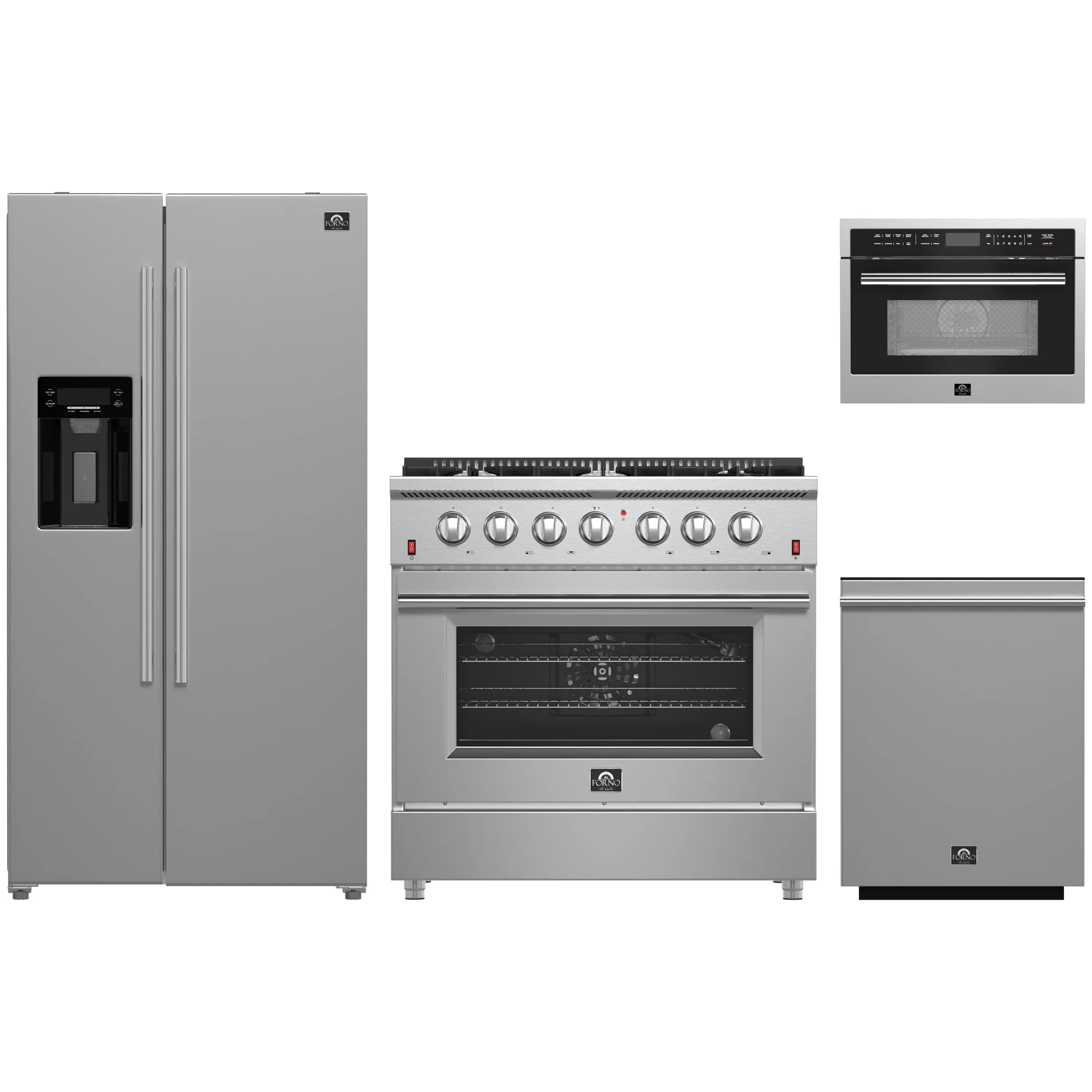 4-piece stainless steel appliance set: refrigerator, 36-inch gas range, microwave, dishwasher