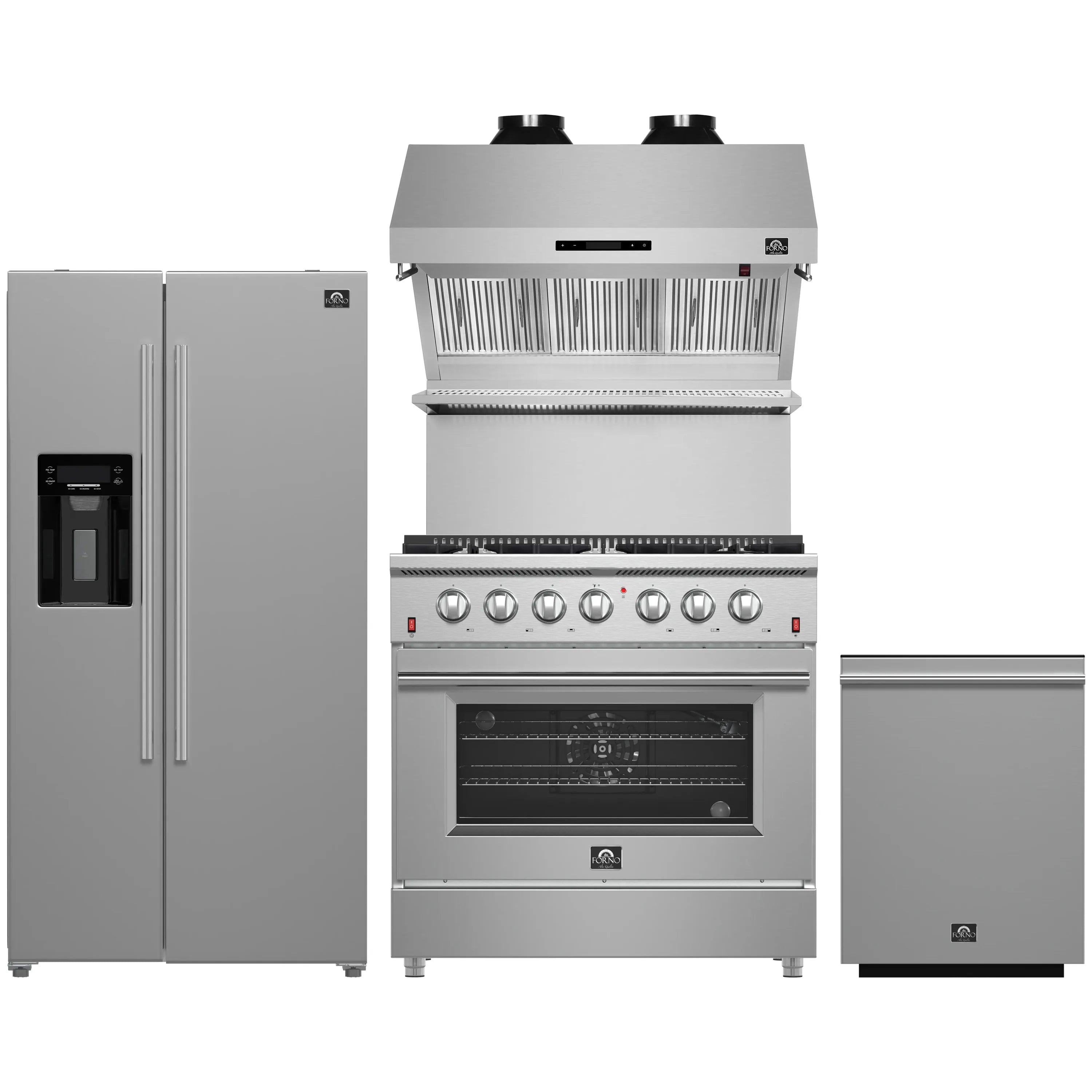Forno 4-Piece Appliance Package - 36-Inch Gas Range, Refrigerator with Water Dispenser, Wall Mount Hood with Backsplash, & 3-Rack Dishwasher in Stainless Steel