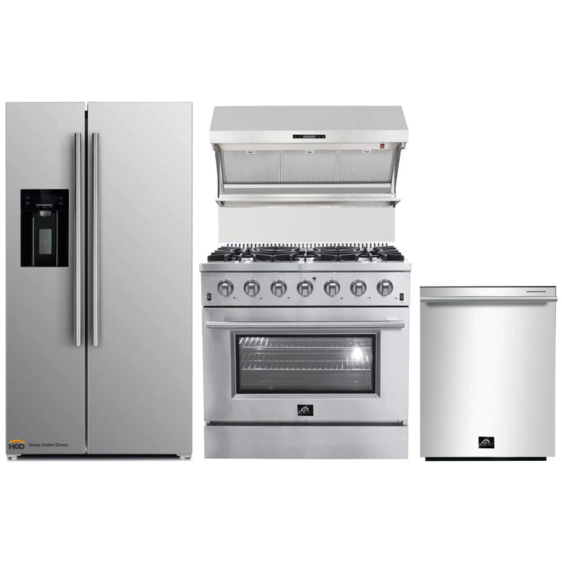 Forno 4-Piece Appliance Package - 36-Inch Gas Range, Refrigerator with Water Dispenser, Wall Mount Hood with Backsplash, & 3-Rack Dishwasher in Stainless Steel