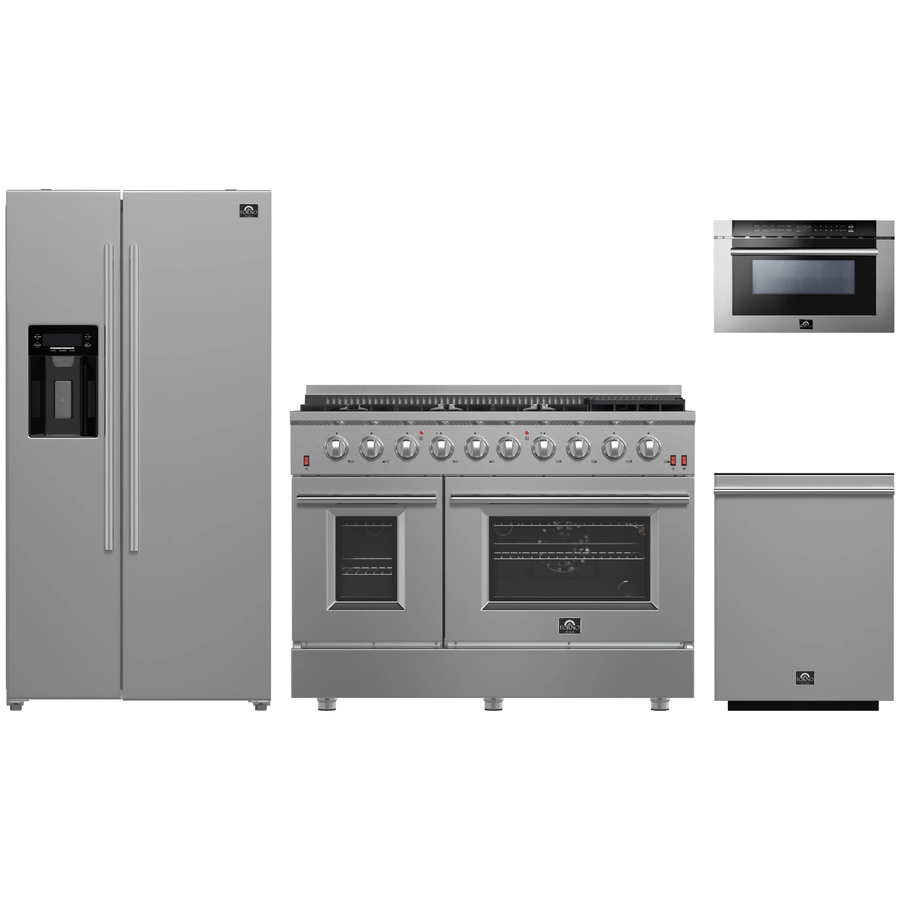 Forno 4-Piece Appliance Package - 48-Inch Gas Range, Refrigerator with Water Dispenser, 24-Inch Microwave Drawer, & 3-Rack Dishwasher in Stainless Steel