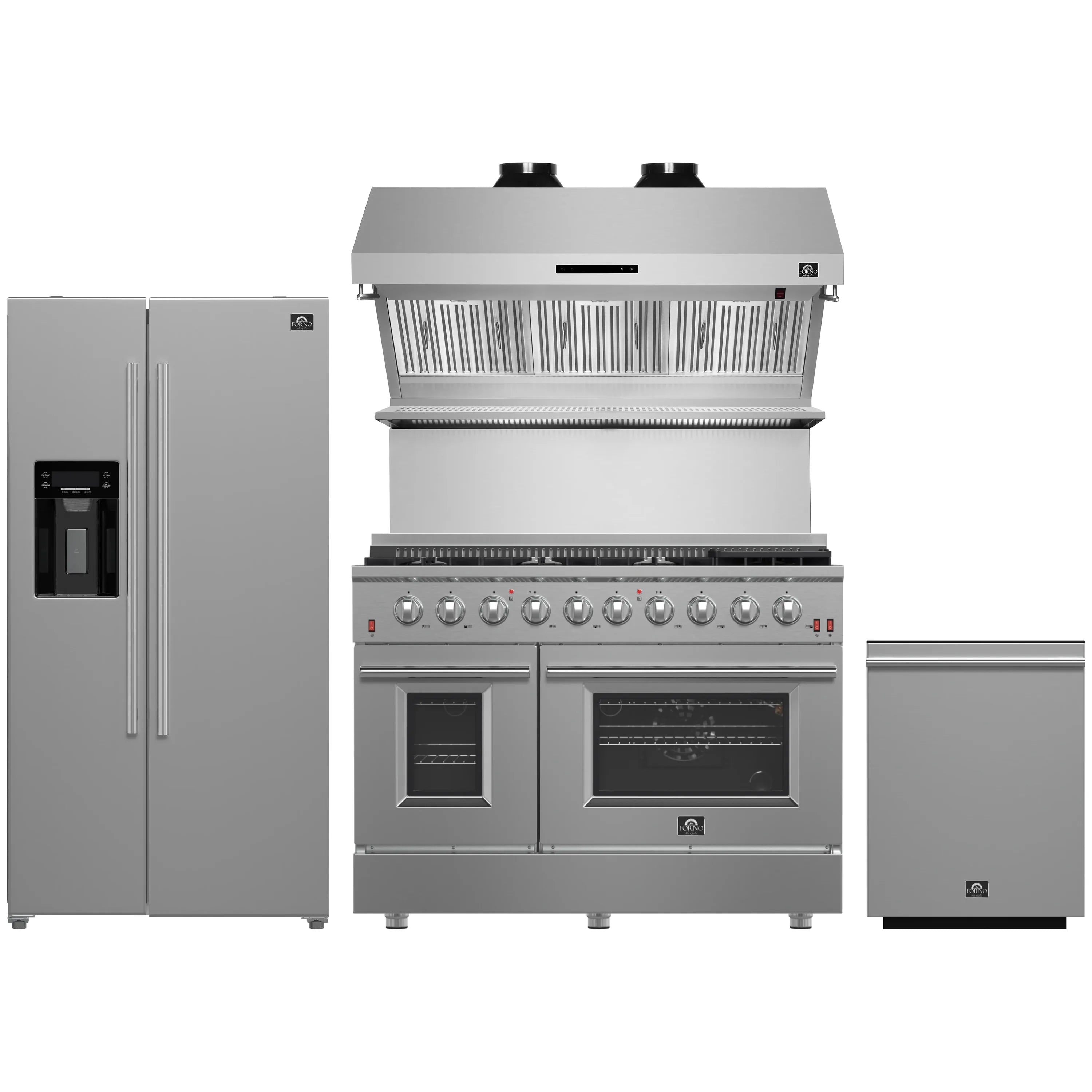 Stainless steel kitchen appliance set: refrigerator, gas range, wall hood, and dishwasher