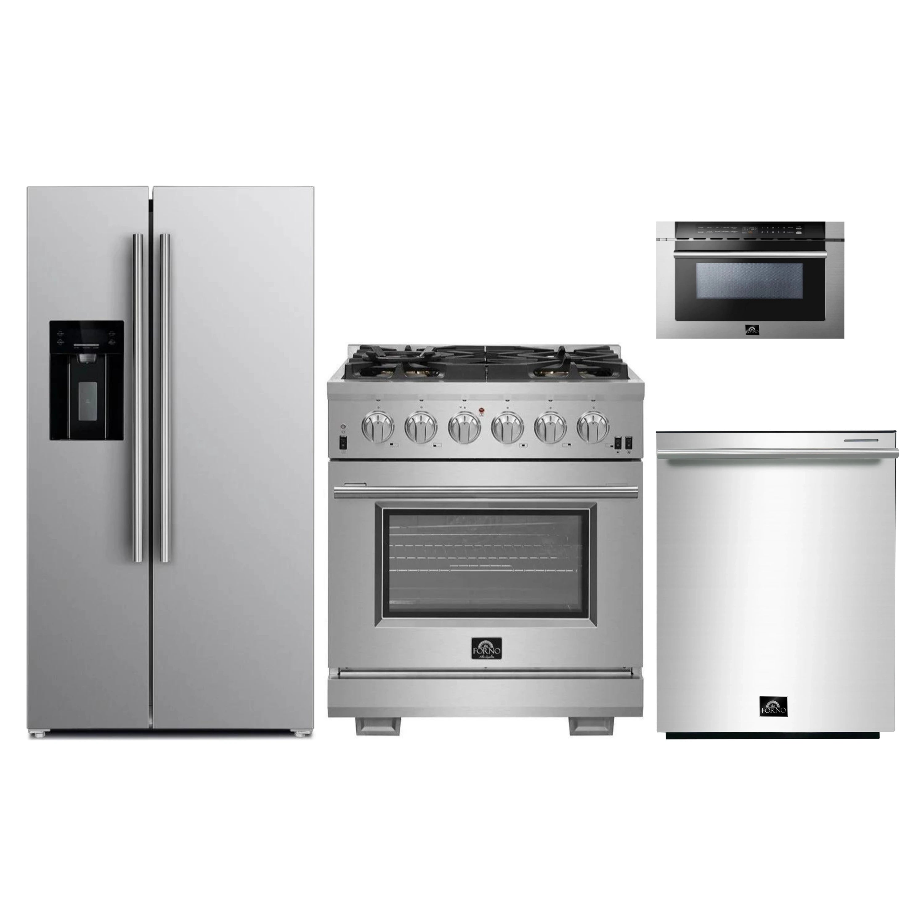 Stainless steel 4-piece kitchen appliance package with refrigerator and gas range
