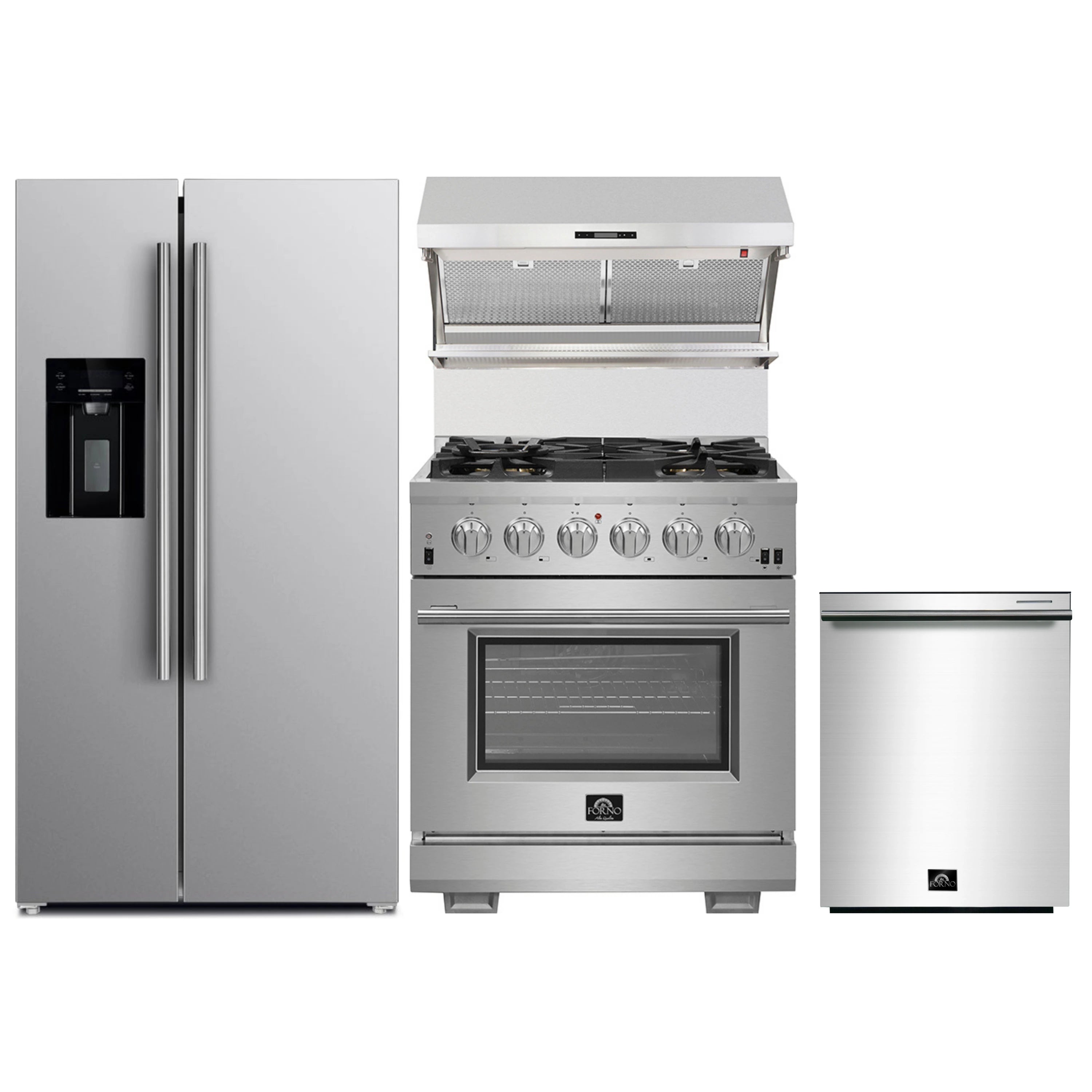 Stainless kitchen appliance set with refrigerator, gas range, and range hood