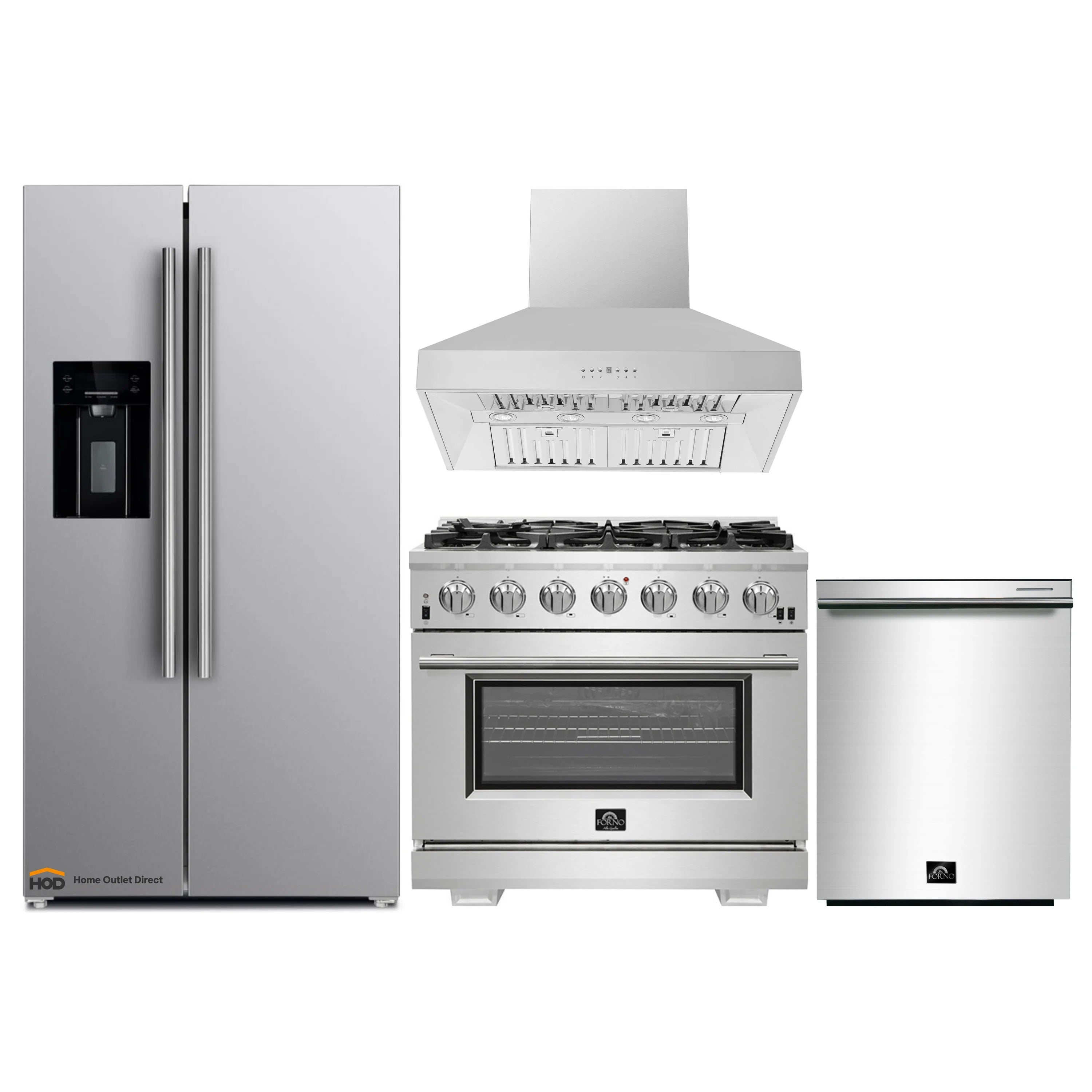 Stainless steel kitchen appliance set with refrigerator, gas range, and hood