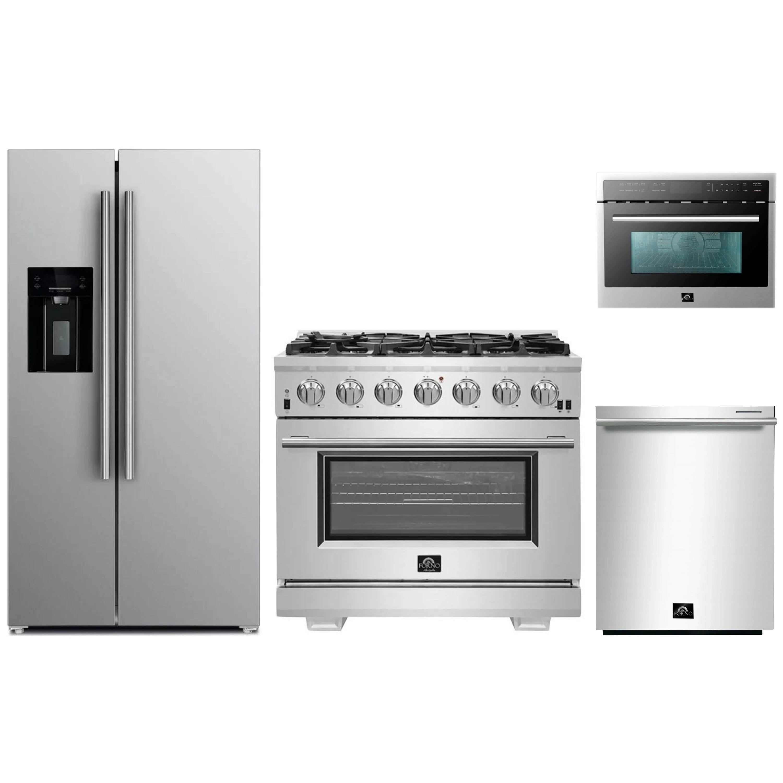 Stainless steel appliance package with refrigerator, gas range, microwave, dishwasher