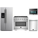Forno 4-Piece Pro Appliance Package - 36-Inch Gas Range, Refrigerator with Water Dispenser, 24-Inch Microwave Oven, & 3-Rack Dishwasher in Stainless Steel