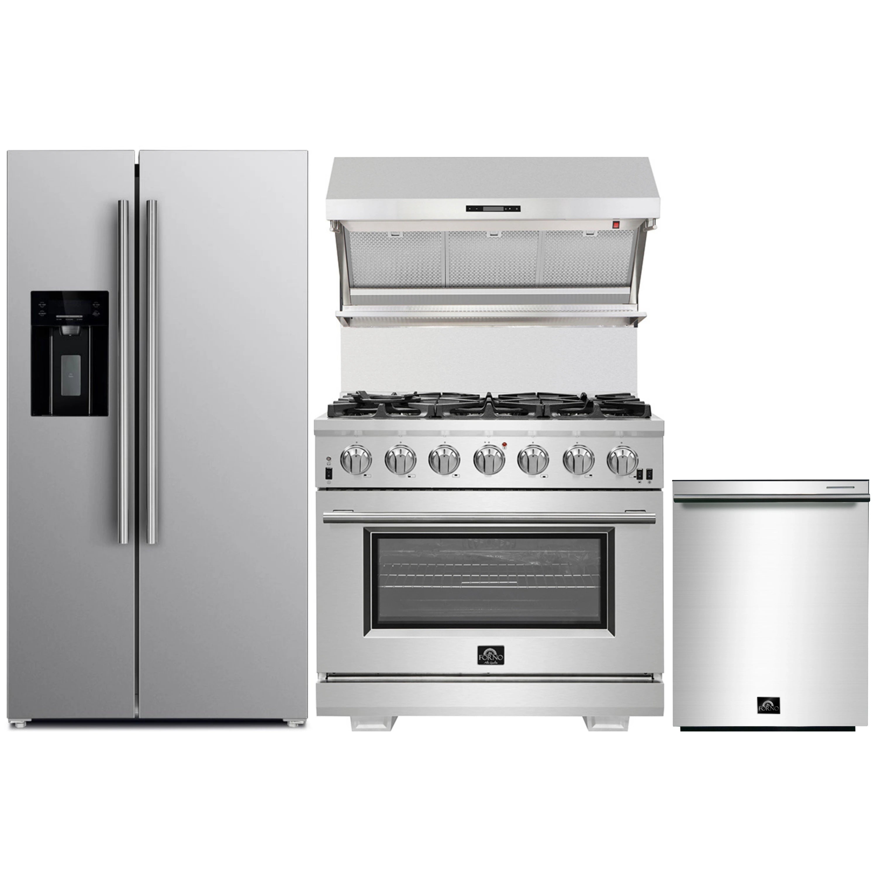 Stainless appliance package with gas range, wall hood, and dishwasher units