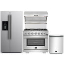 Forno 4-Piece Pro Appliance Package - 36-Inch Gas Range, Refrigerator with Water Dispenser, Wall Mount Hood with Backsplash, & 3-Rack Dishwasher in Stainless Steel