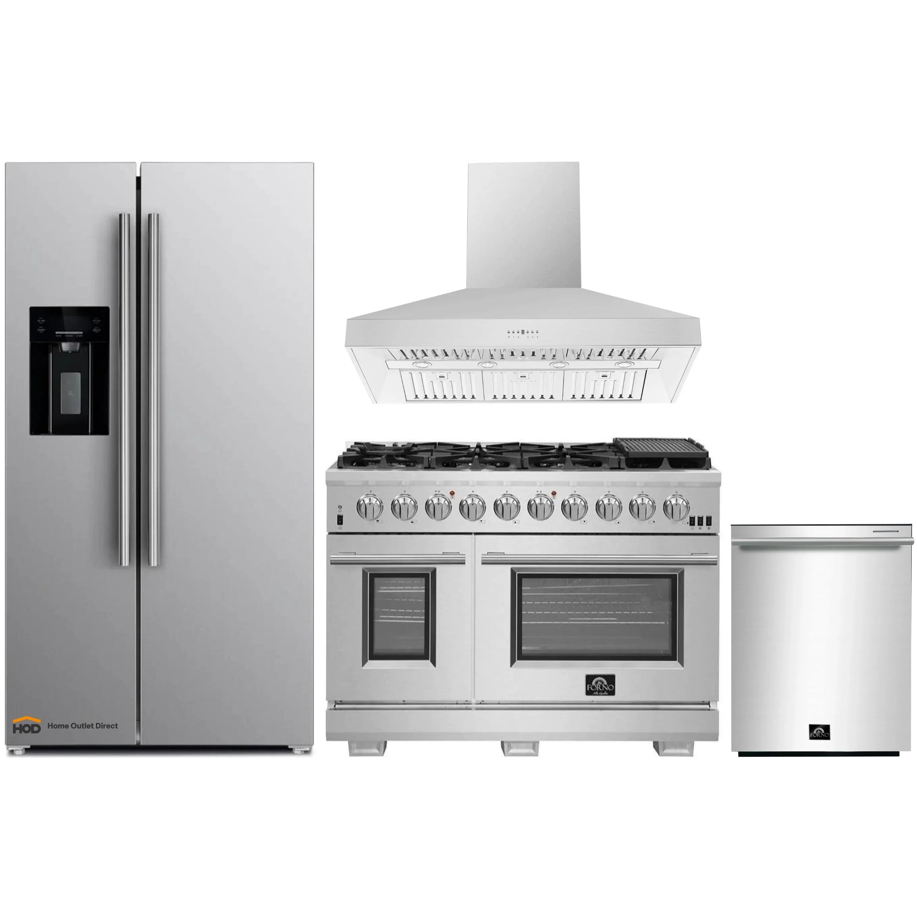 Stainless steel kitchen appliance set: refrigerator, gas range, and dishwasher