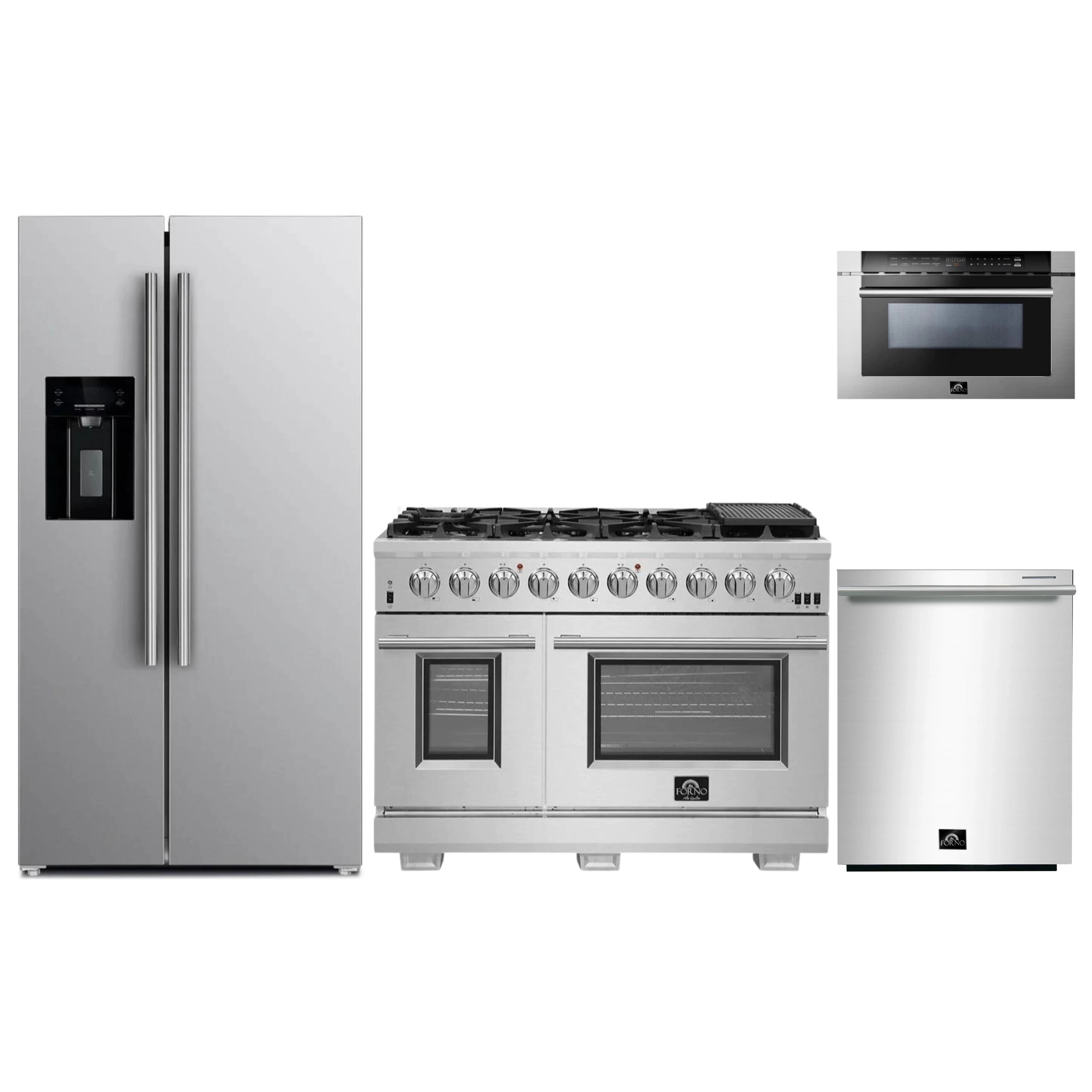 Stainless steel appliance set with gas range, refrigerator, and microwave