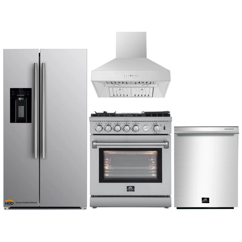 Forno 4-Piece Appliance Package - 30-Inch Gas Range with Air Fryer, Refrigerator with Water Dispenser, Wall Mount Hood, & 3-Rack Dishwasher in Stainless Steel