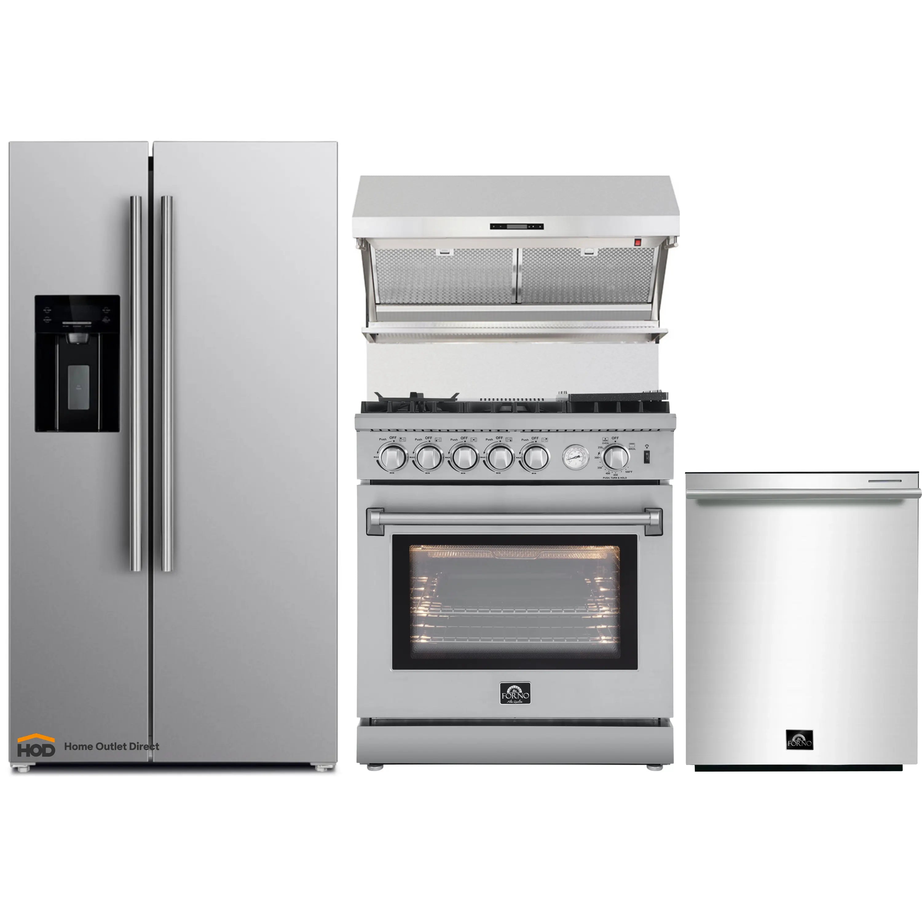 Stainless steel appliance package featuring gas range, dishwasher, and refrigerator
