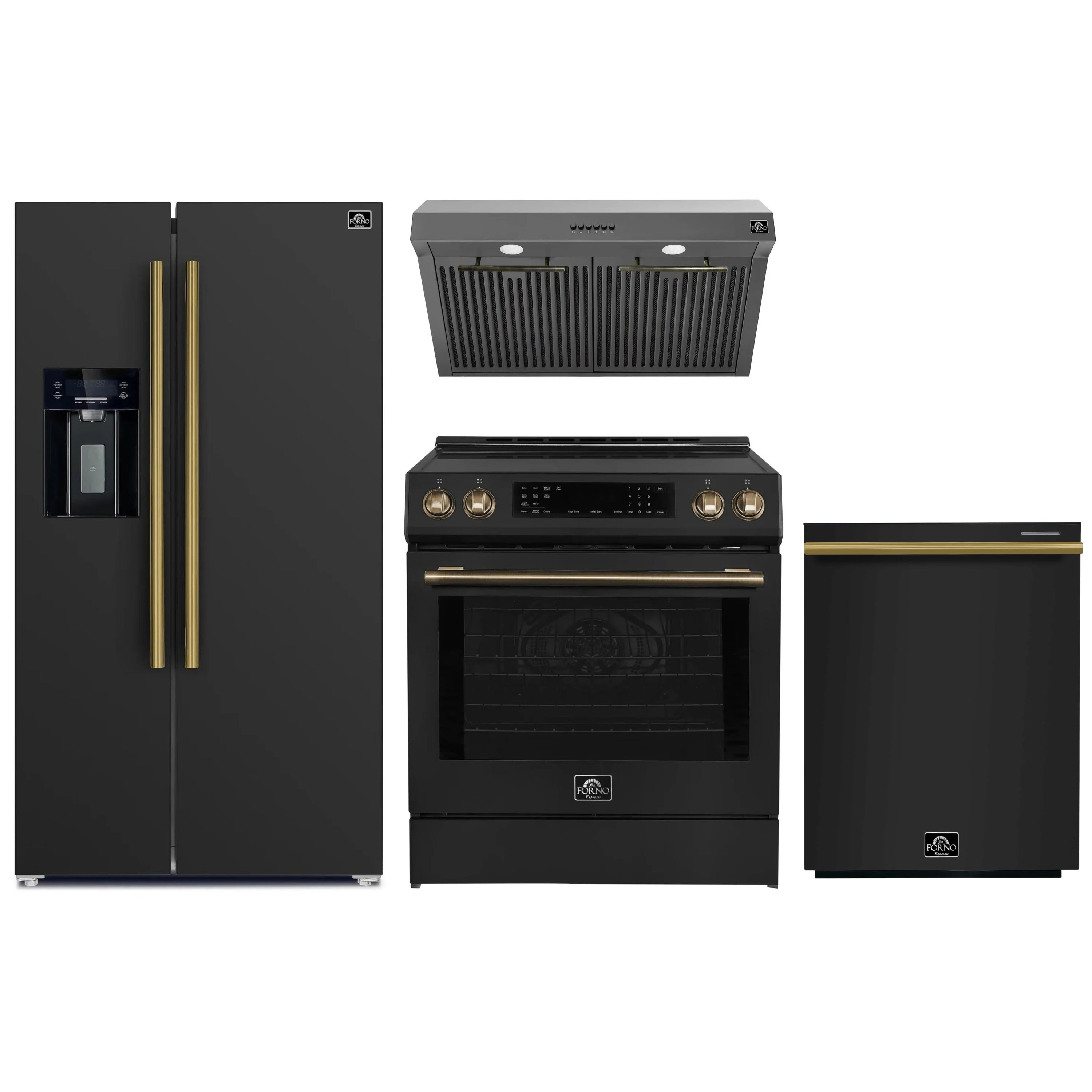 Black appliance package with refrigerator, induction range, dishwasher, and range hood