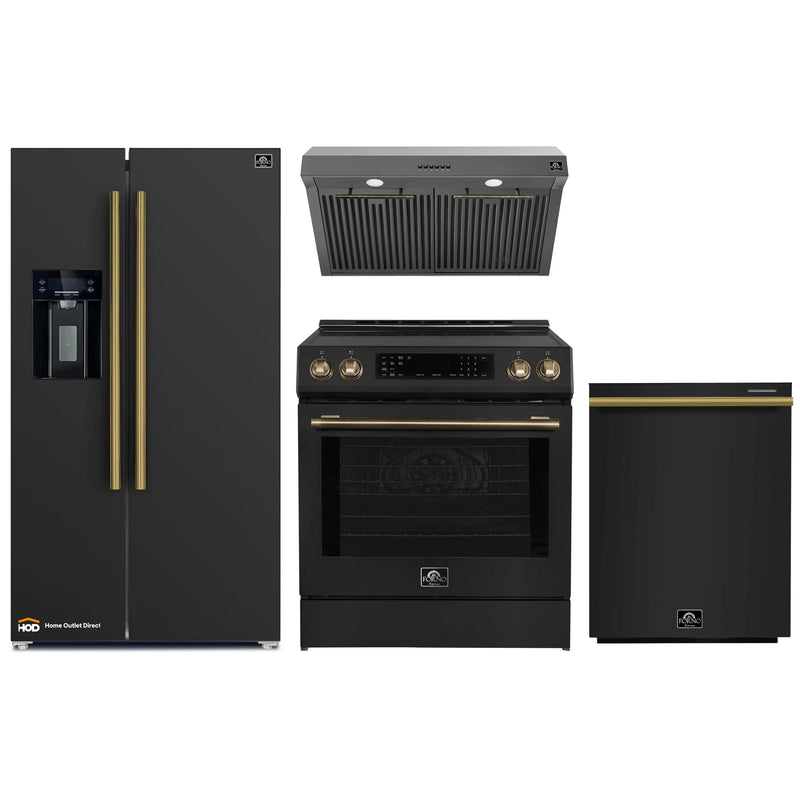 Forno Espresso 4-Piece Appliance Package - 30-Inch Induction Range, Under Cabinet Range Hood, Refrigerator with Water Dispenser and Dishwasher in Black with Brass Handle