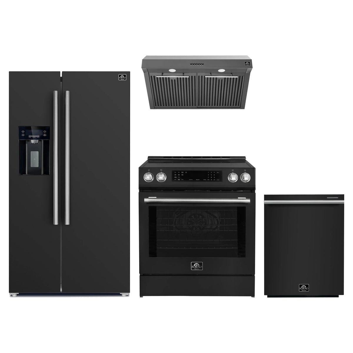 Forno Espresso 4-Piece Appliance Package - 30-Inch Induction Range, Under Cabinet Range Hood, Refrigerator with Water Dispenser and Dishwasher in Black with Stainless Steel Trim