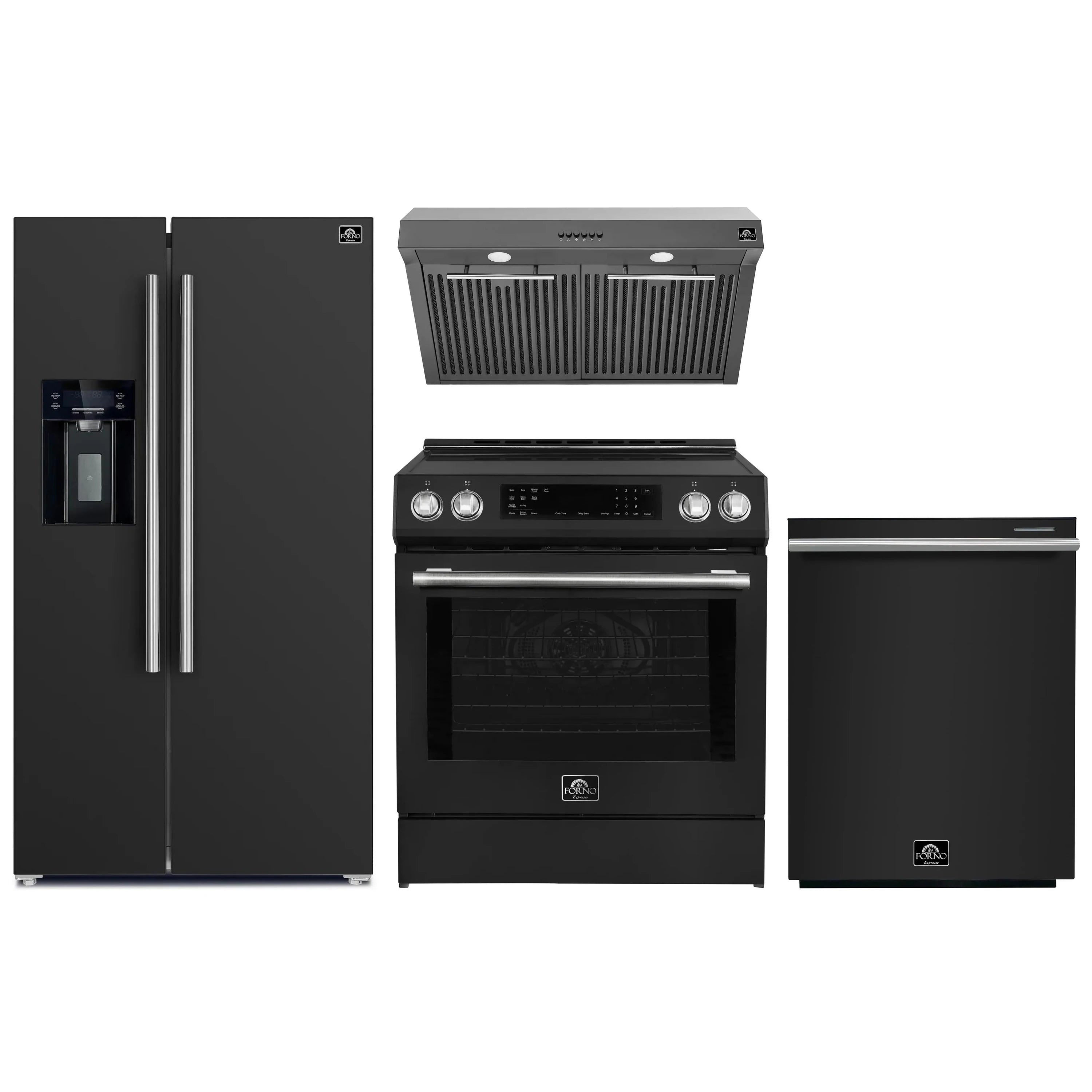 4-piece black kitchen appliance set: refrigerator, oven range, hood, and dishwasher
