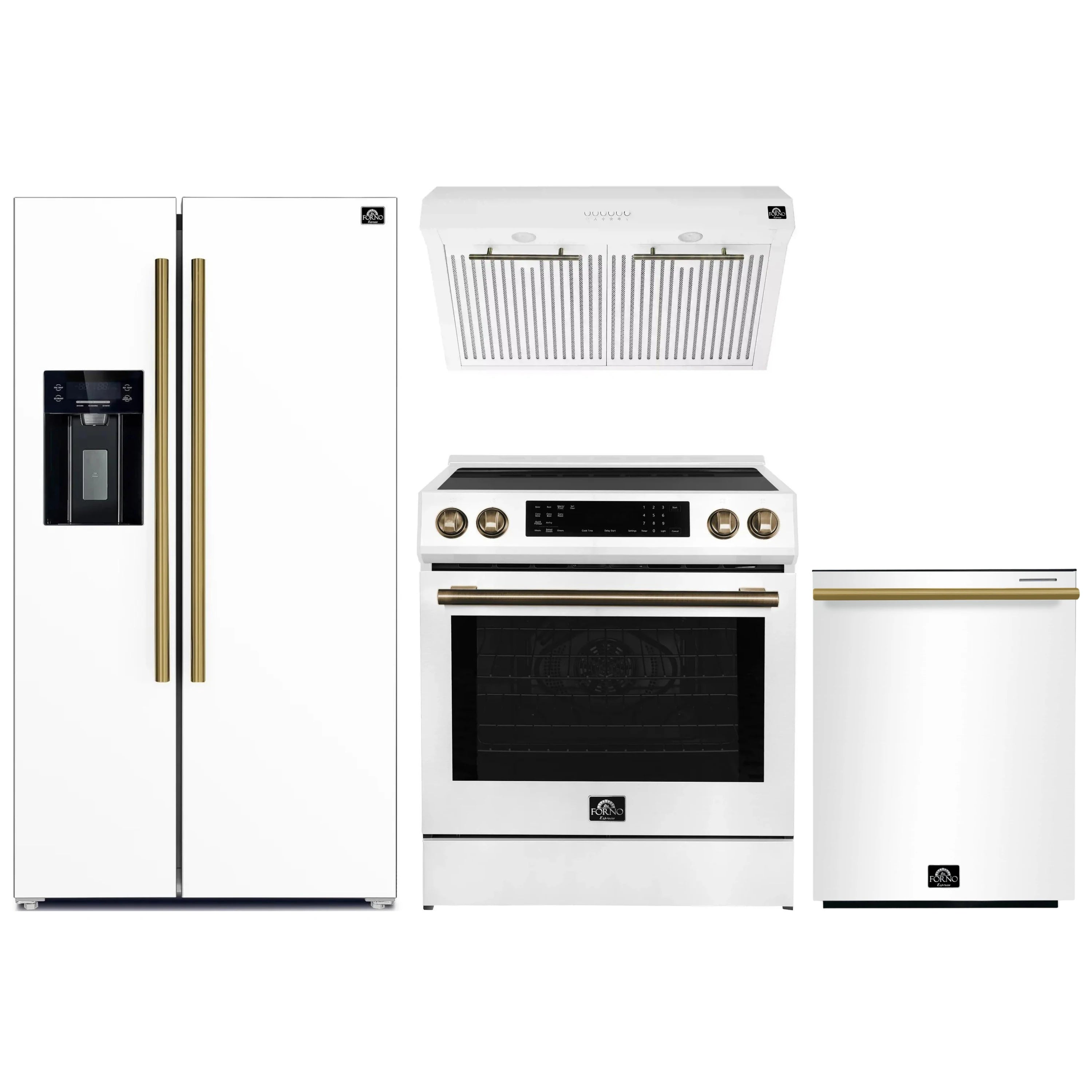 White appliance set with refrigerator, range hood, and freestanding range with gold accents.