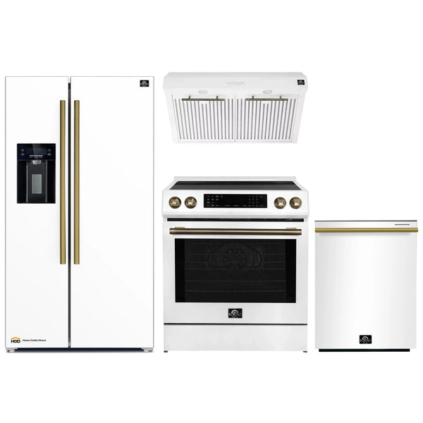 Forno Espresso 4-Piece Appliance Package - 30-Inch Induction Range, Under Cabinet Range Hood, Refrigerator with Water Dispenser and Dishwasher in White with Brass Handle