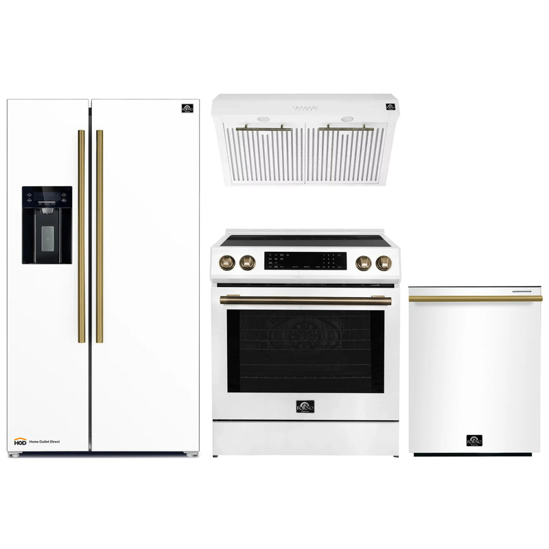 Forno Espresso 4-Piece Appliance Package - 30-Inch Induction Range, Under Cabinet Range Hood, Refrigerator with Water Dispenser and Dishwasher in White with Antique Brass Trim