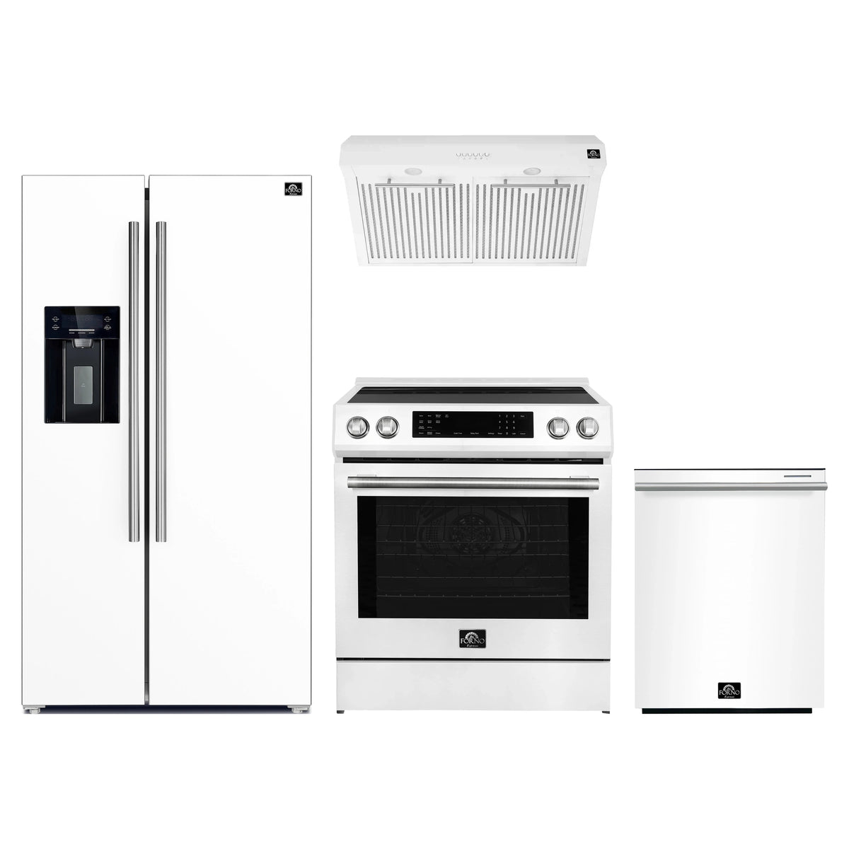 Forno Espresso 4-Piece Appliance Package - 30-Inch Induction Range, Under Cabinet Range Hood, Refrigerator with Water Dispenser and Dishwasher in White with Stainless Steel Trim