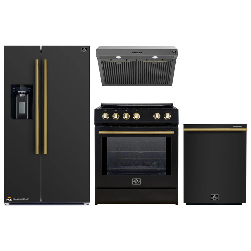 Forno 4-Piece Appliance Package - 30-Inch Induction Range, Under Cabinet Range Hood, French Door Refrigerator with Water Dispenser, and Dishwasher in Black with Antique Brass Trim