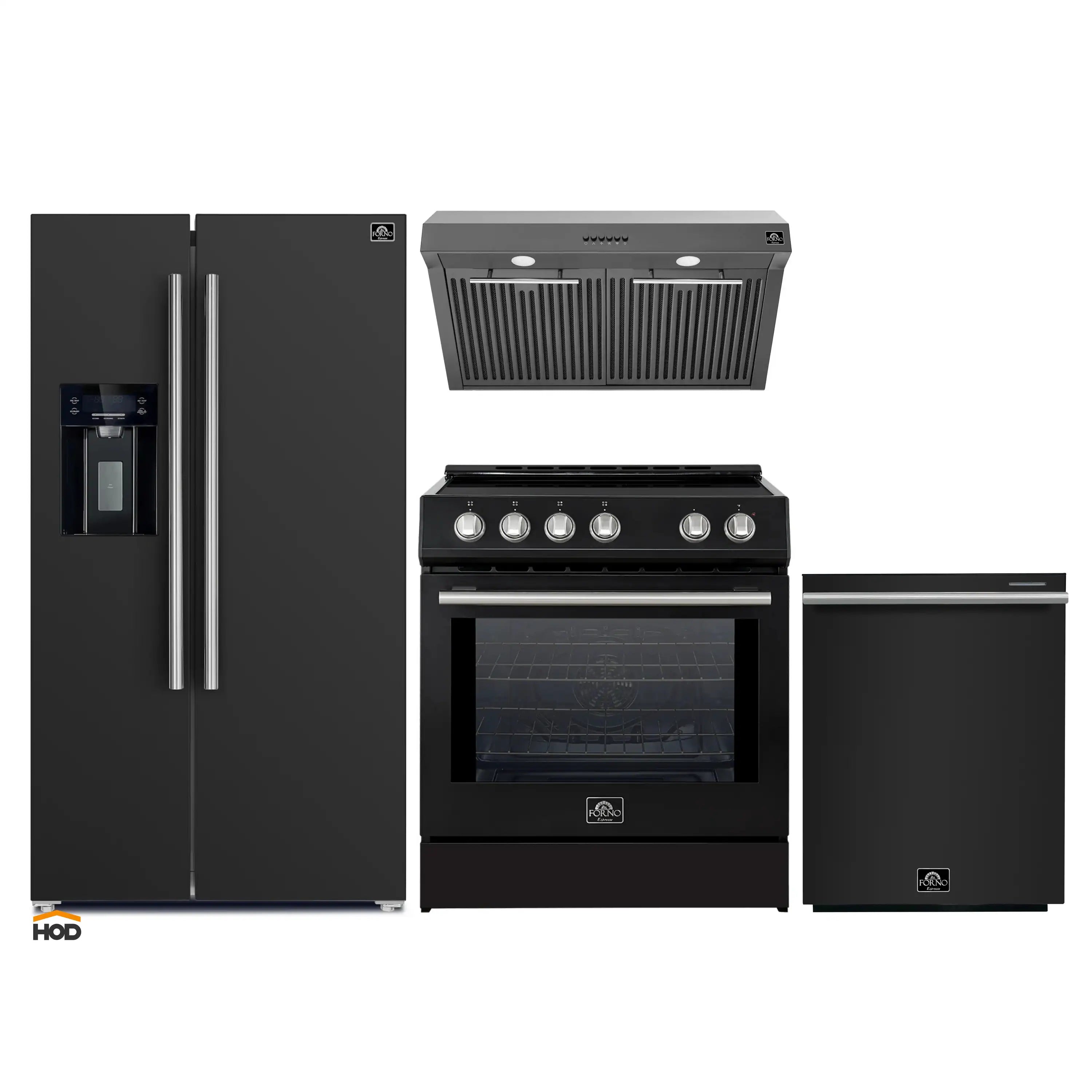 Black kitchen appliance package with stainless trim: range, hood, refrigerator, dishwasher