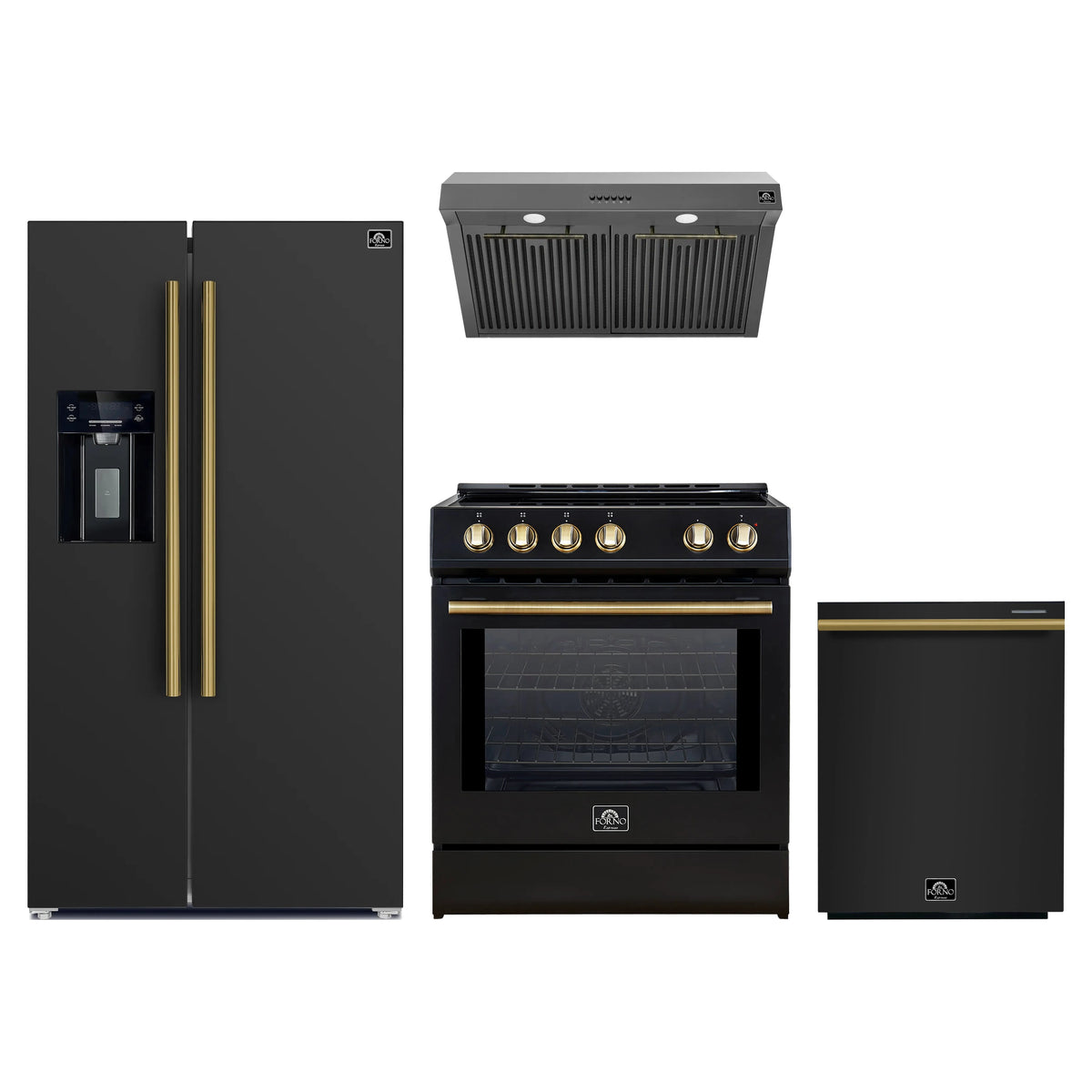 Forno 4-Piece Appliance Package - 30-Inch Induction Range, Under Cabinet Range Hood, Refrigerator with Water Dispenser, and Dishwasher in Black with Antique Brass Trim