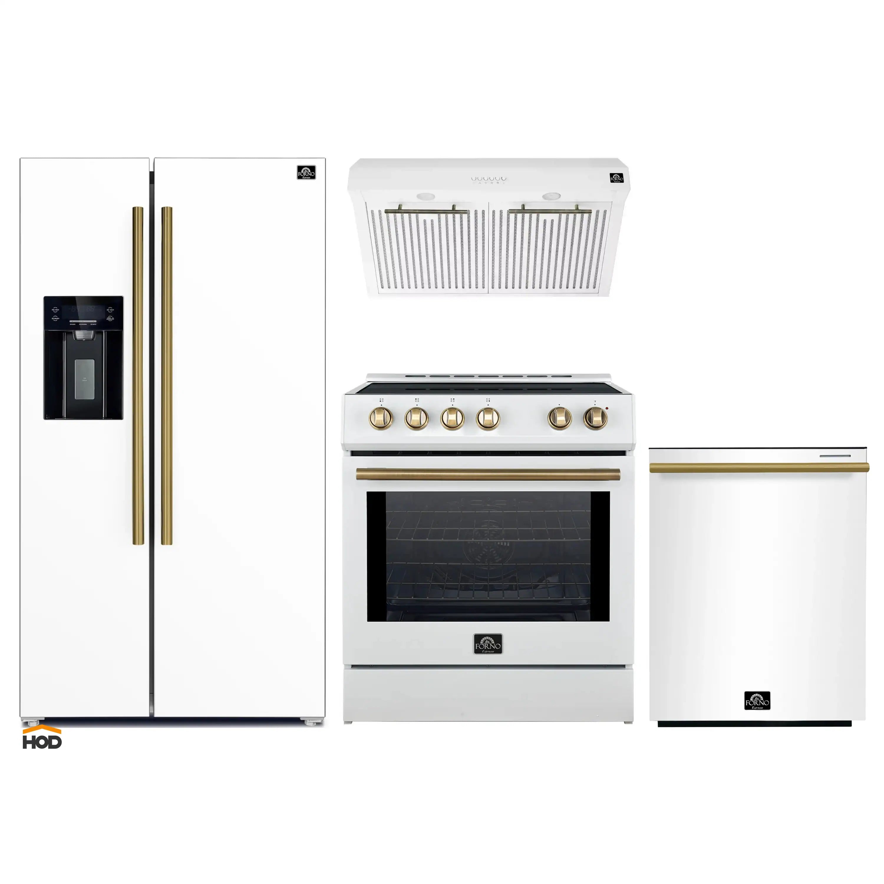Kitchen appliance set with white refrigerator, stove, and under-cabinet hood