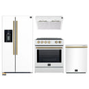 Forno 4-Piece Appliance Package - 30-Inch Induction Range, Under Cabinet Range Hood, French Door Refrigerator with Water Dispenser, and Dishwasher in White with Antique Brass Trim