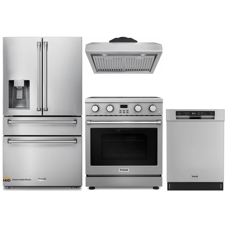 Thor Kitchen A-Series 4-Piece Appliance Package - 30-Inch Electric Range, Under Cabinet Range Hood, Refrigerator with Water Dispenser, and Dishwasher in Stainless Steel