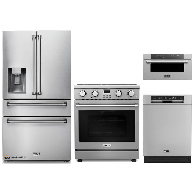 Thor Kitchen A-Series 4-Piece Appliance Package - 30-Inch Electric Range, Refrigerator with Water Dispenser, Dishwasher and Microwave Drawer in Stainless Steel