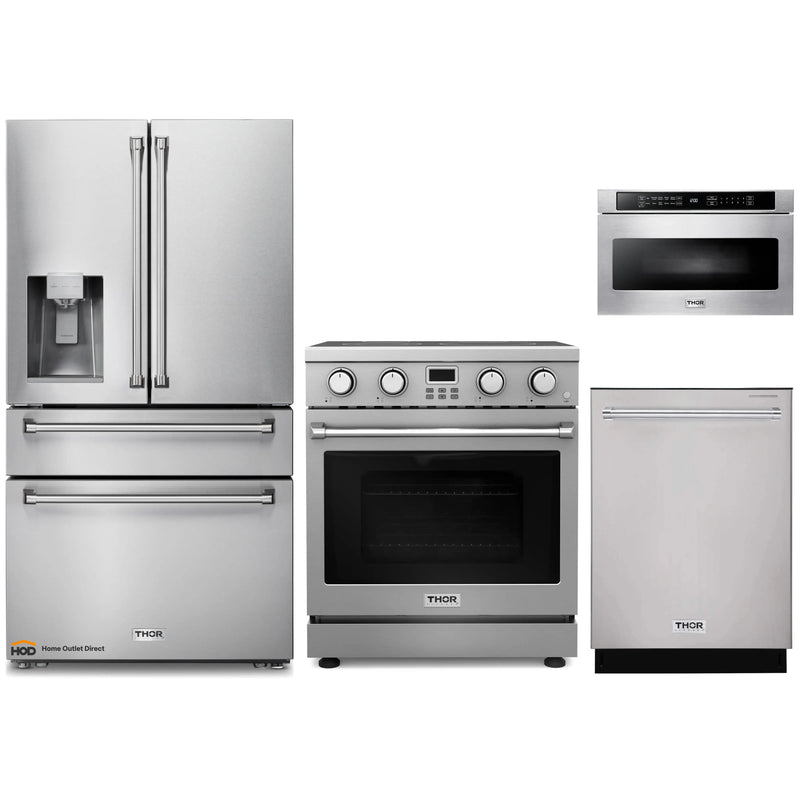 Thor Kitchen A-Series 4-Piece Appliance Package - 30-Inch Electric Range, Refrigerator with Water Dispenser, Dishwasher, and Microwave in Stainless Steel