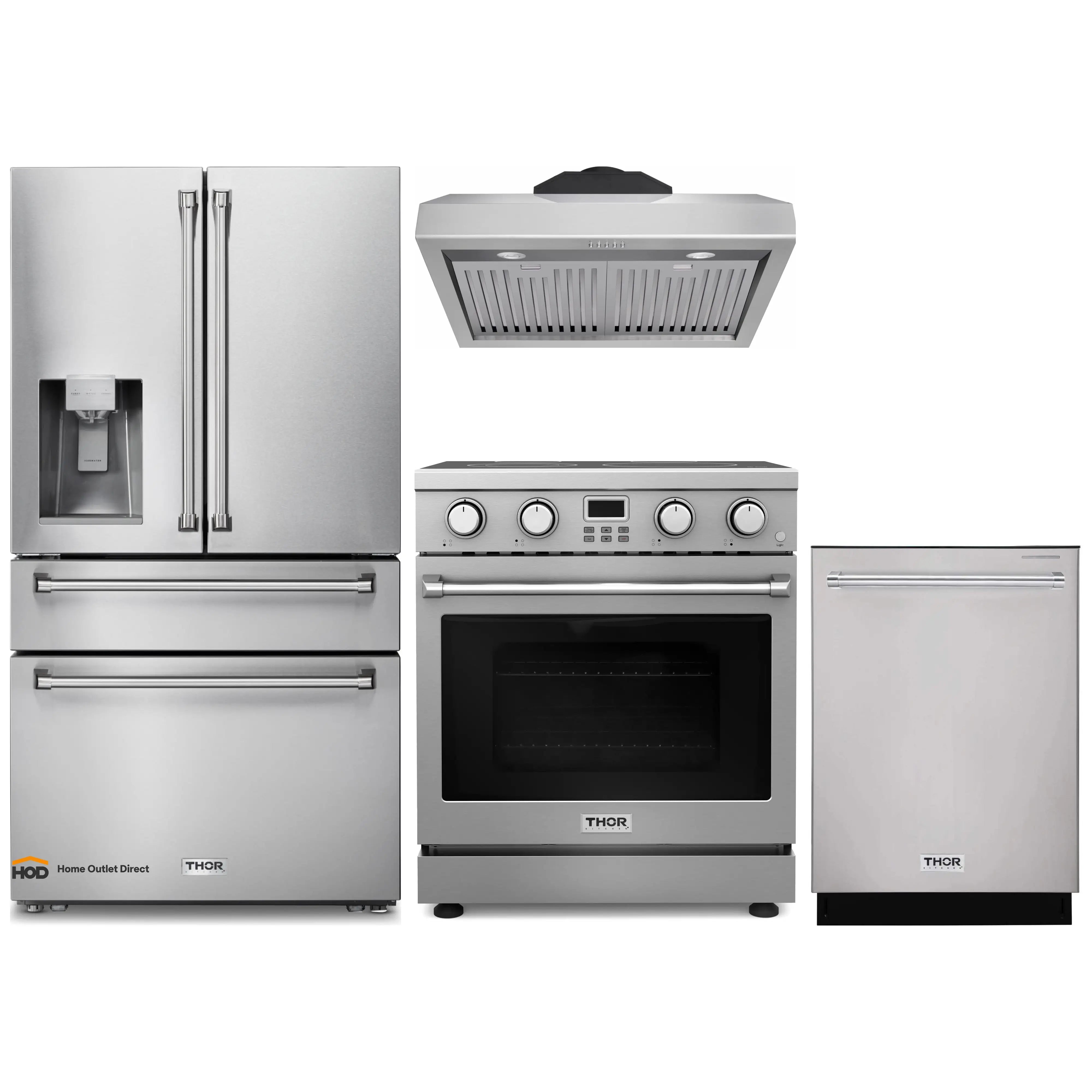 Thor Kitchen A-Series 4-Piece Appliance Package - 30-Inch Electric Range, Under Cabinet Range Hood, Refrigerator with Water Dispenser, and Dishwasher in Stainless Steel