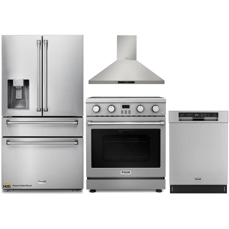 Thor Kitchen A-Series 4-Piece Appliance Package - 30-Inch Electric Range, Wall Mount Range Hood, Refrigerator with Water Dispenser, and Dishwasher in Stainless Steel