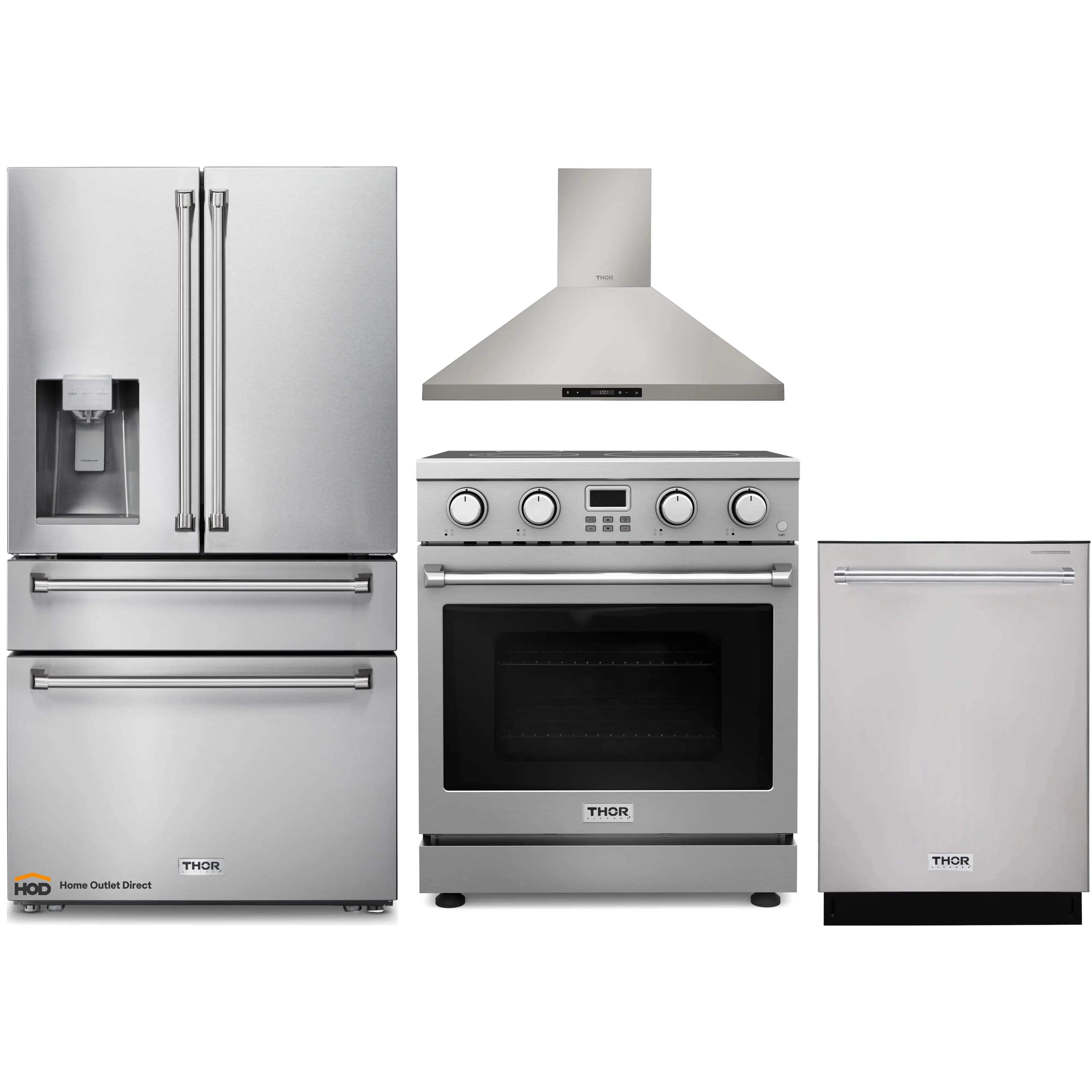 Thor Kitchen A-Series 4-Piece Appliance Package - 30-Inch Electric Range, Wall Mount Range Hood, Refrigerator with Water Dispenser, and Dishwasher in Stainless Steel