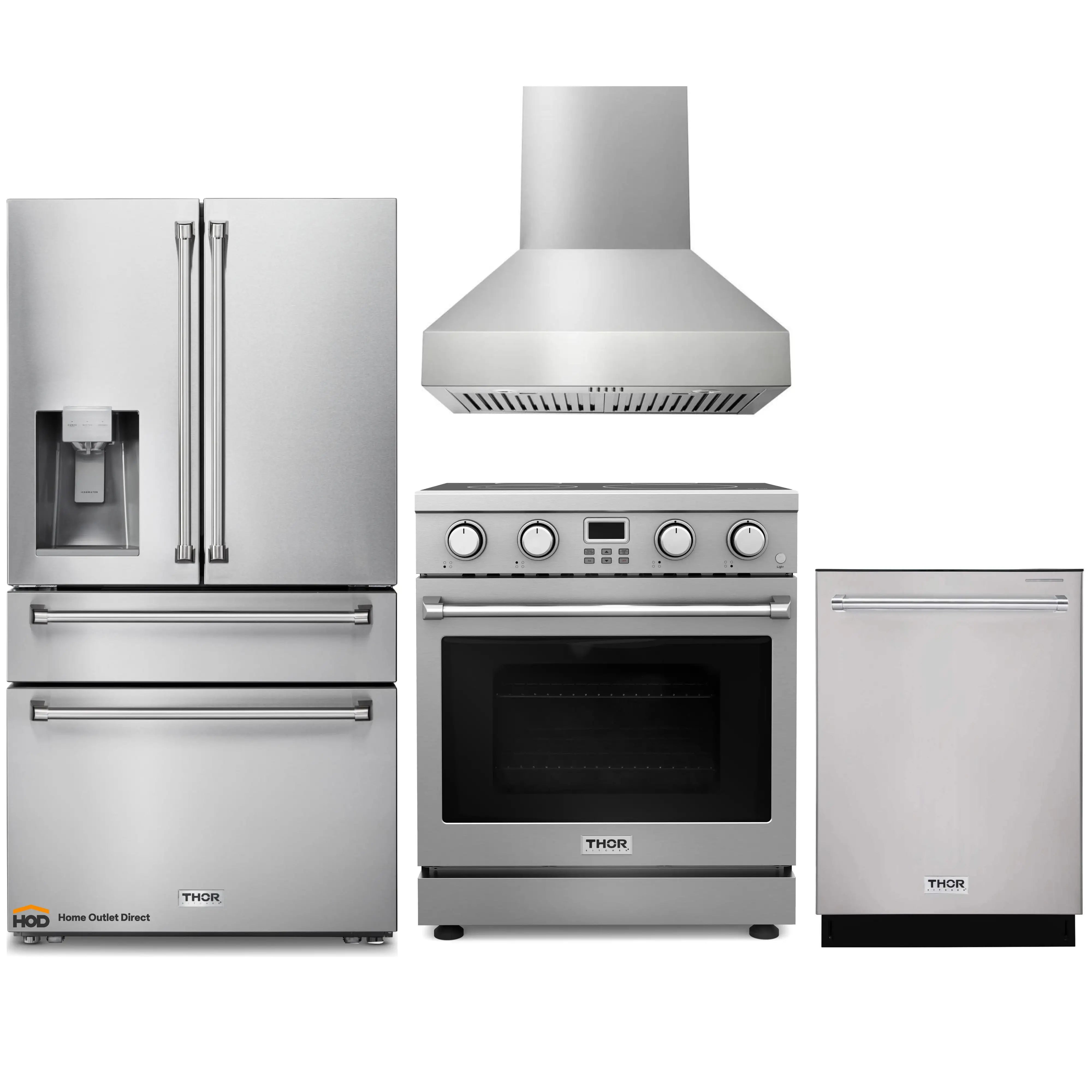 Thor Kitchen 4-Piece Appliance Package - 30-Inch Electric Range, Pro-Style Wall Mount Range Hood, Refrigerator with Water Dispenser, and Dishwasher in Stainless Steel