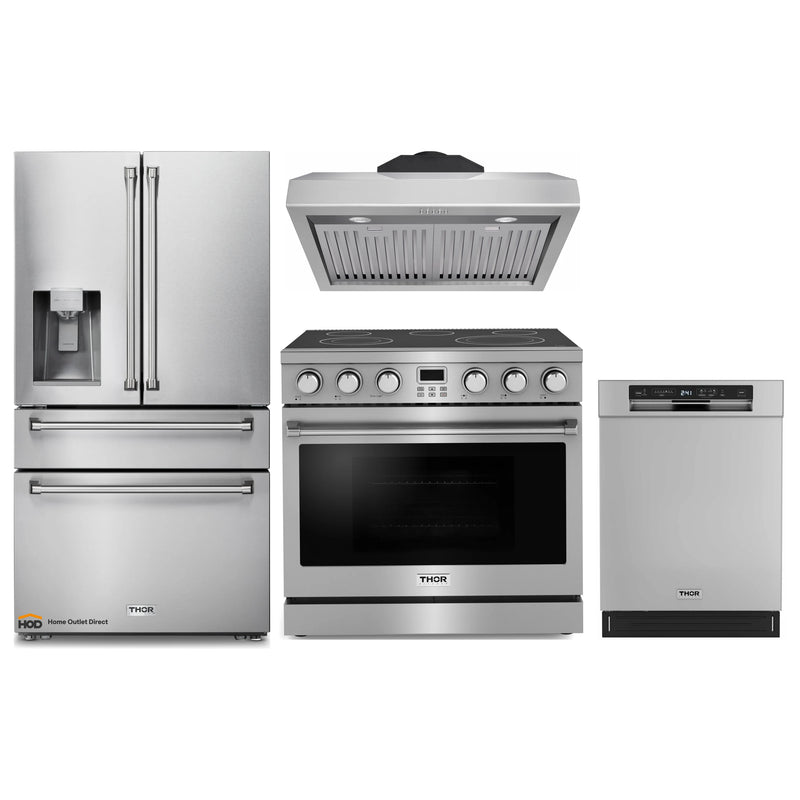 Thor Kitchen A-Series 4-Piece Appliance Package - 36-Inch Electric Range, Under Cabinet Range Hood, Refrigerator with Water Dispenser, and Dishwasher in Stainless Steel