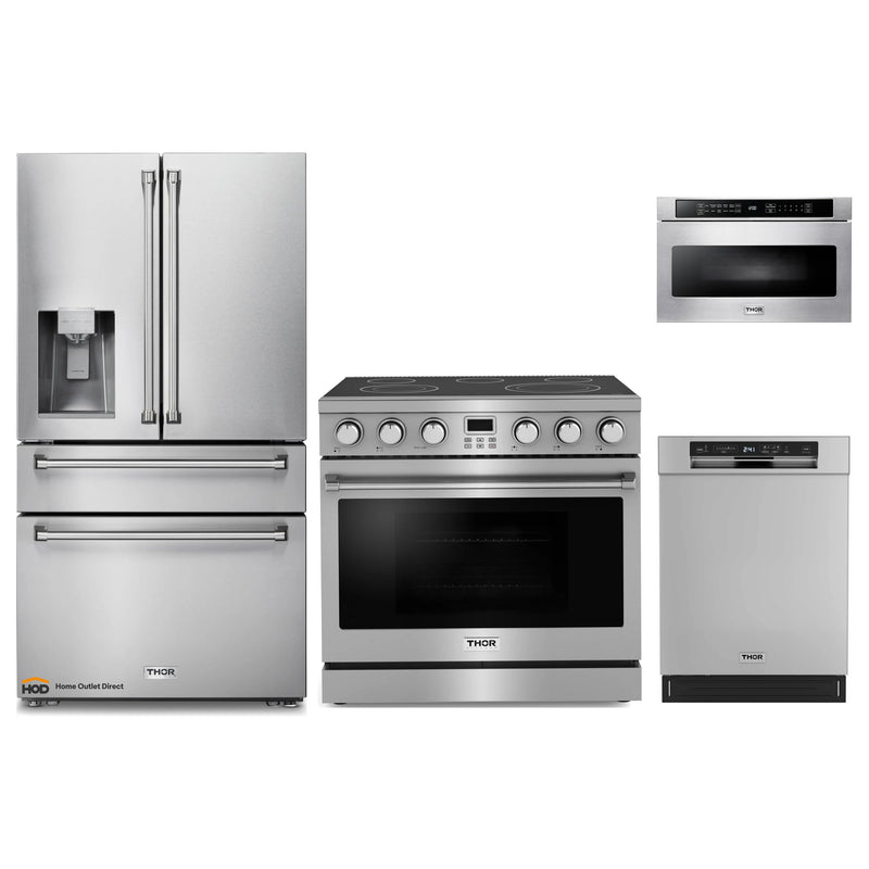 Thor Kitchen A-Series 4-Piece Appliance Package - 36-Inch Electric Range, Refrigerator with Water Dispenser, Dishwasher, and Microwave in Stainless Steel