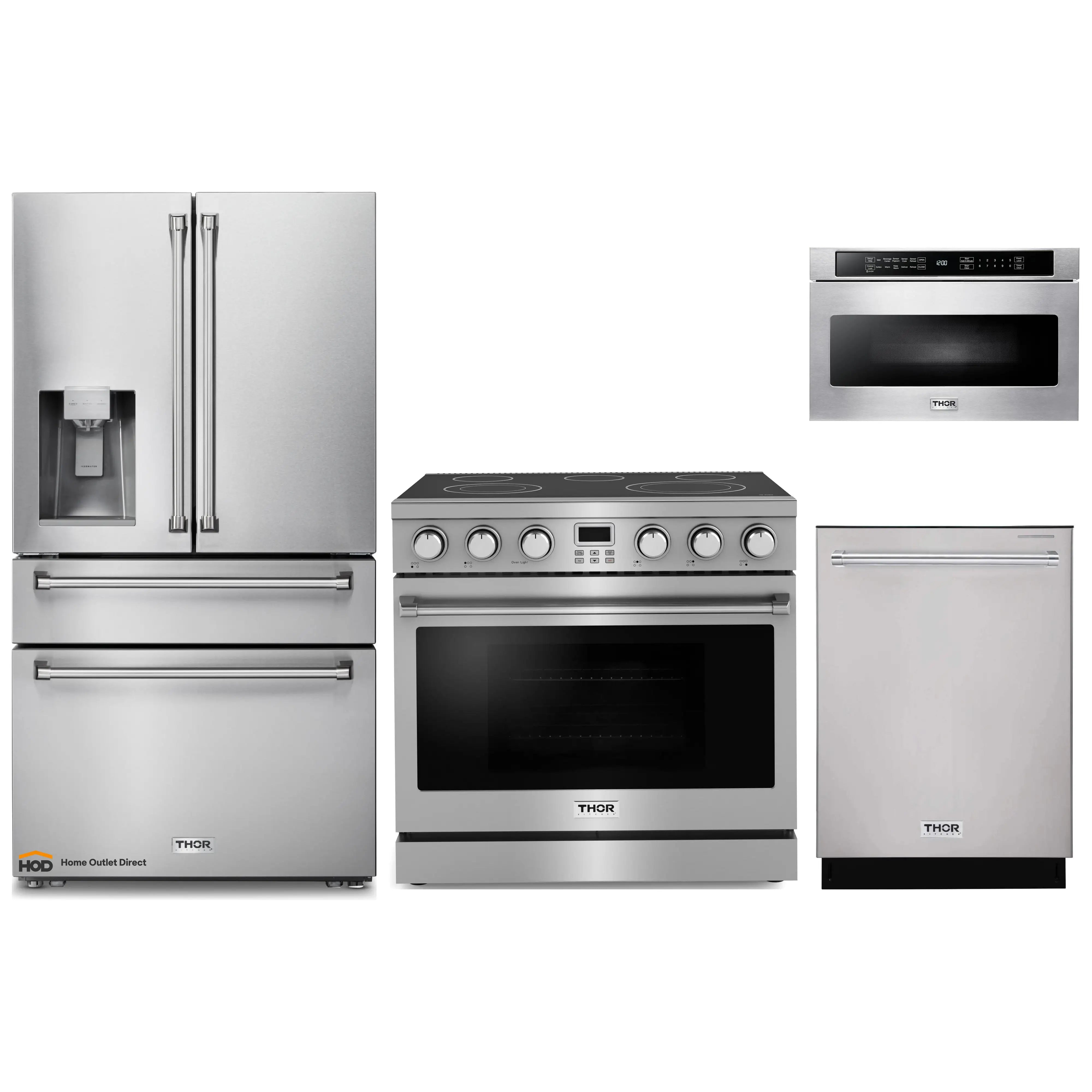 Thor Kitchen A-Series 4-Piece Appliance Package - 36-Inch Electric Range, Refrigerator with Water Dispenser, Dishwasher, and Microwave in Stainless Steel