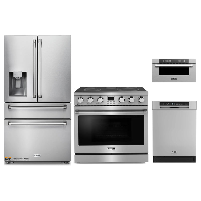 Thor Kitchen A-Series 4-Piece Appliance Package - 36-Inch Electric Range, Refrigerator with Water Dispenser, Dishwasher and Microwave Drawer in Stainless Steel