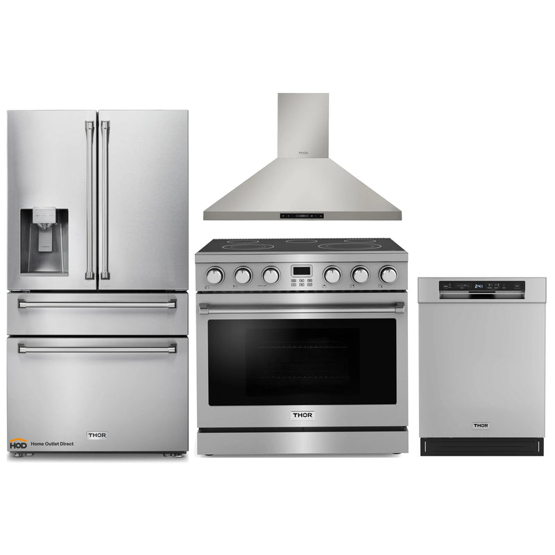 Thor Kitchen A-Series 4-Piece Appliance Package - 36-Inch Electric Range, Wall Mount Range Hood, Refrigerator with Water Dispenser, and Dishwasher in Stainless Steel