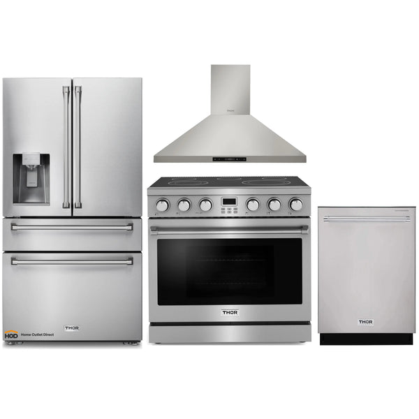 Thor Kitchen A-Series 4-Piece Appliance Package - 36-Inch Electric Range, Wall Mount Range Hood, Refrigerator with Water Dispenser, and Dishwasher in Stainless Steel