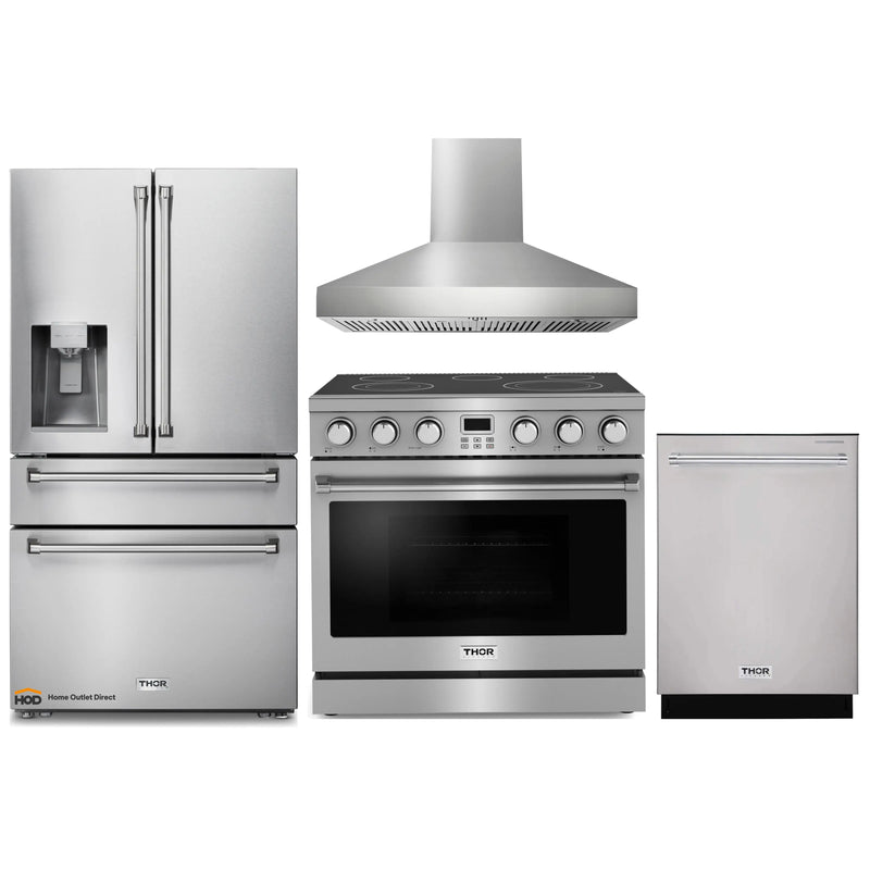 Thor Kitchen A-Series 4-Piece Appliance Package - 36-Inch Electric Range, Pro-Style Wall Mount Range Hood, Refrigerator with Water Dispenser, and Dishwasher in Stainless Steel