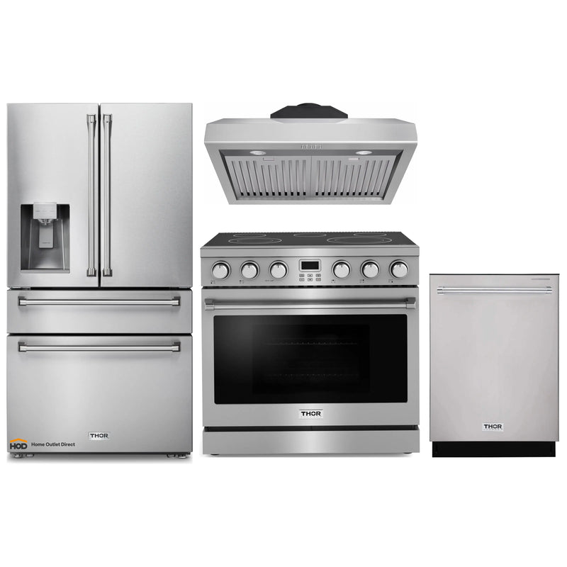 Thor Kitchen A-Series 4-Piece Appliance Package - 36-Inch Electric Range, Under Cabinet Range Hood, Refrigerator with Water Dispenser, and Dishwasher in Stainless Steel